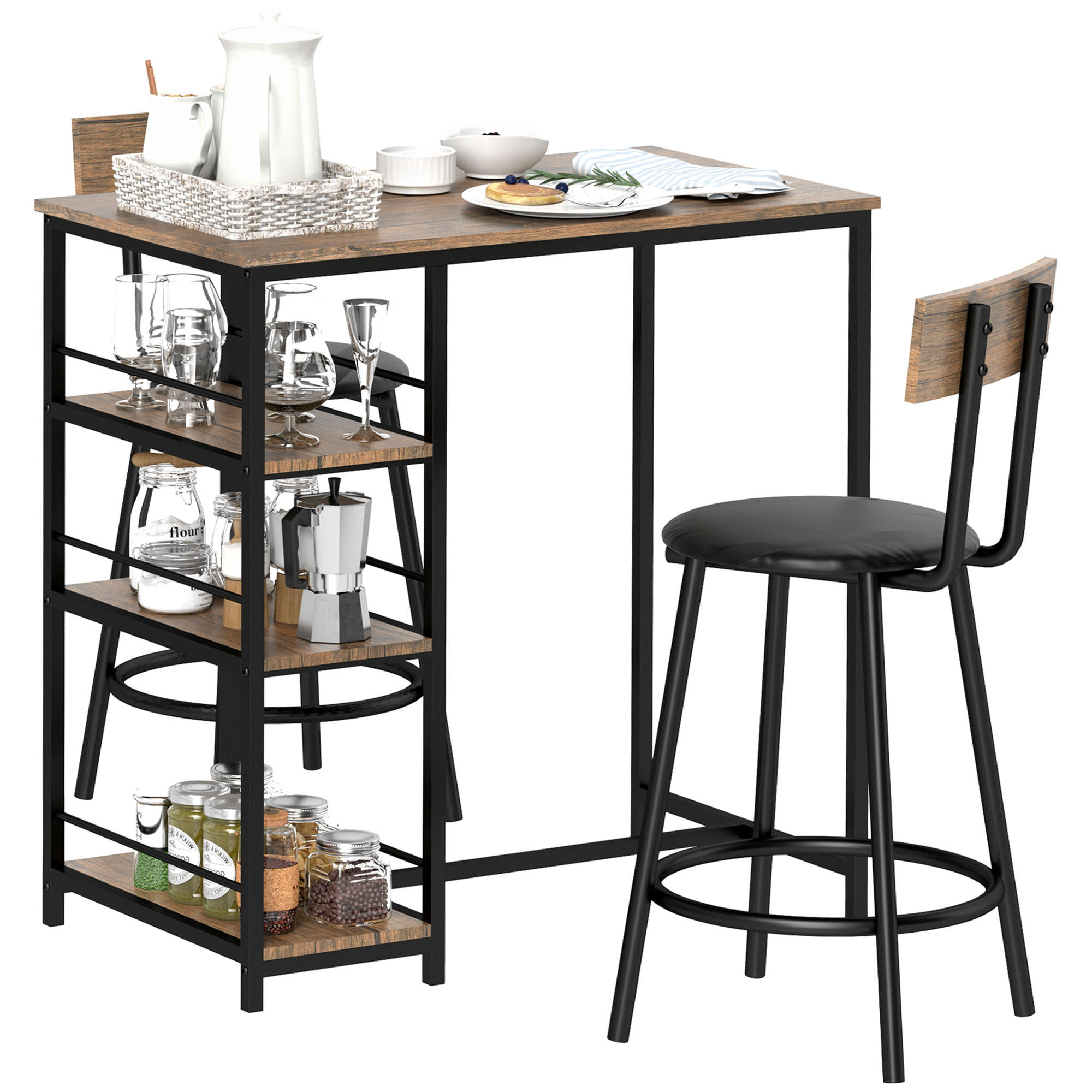 BARTISCH mit Barhocker Set, Stahl, Eiche - Naturfarben, Metall (90/90.5/50cm) - HOMCOM