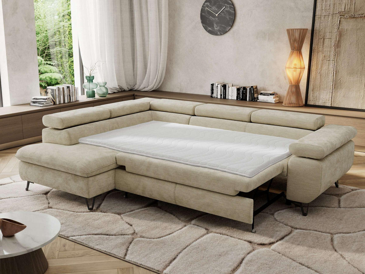 ECKSOFA PABLO L Beige Schenille glatt - Links Seite mit Visco Topper - Beige/Schwarz, Textil/Metall (208/273cm) - MKS