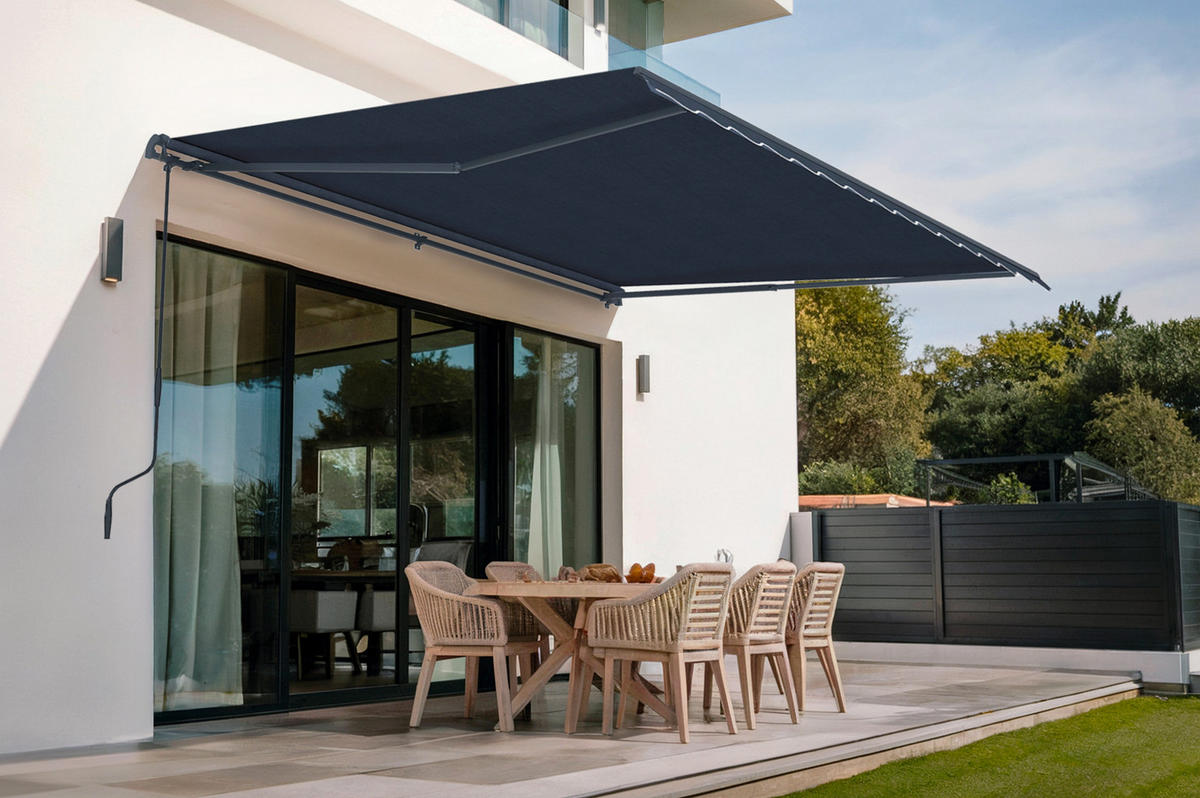 EINTEILIGE MARKISE Vecchio Grau 4m x 3m - Premium-Leinwand 320g/m² - Grau, Metall (395/270/300cm) - Cazeboo