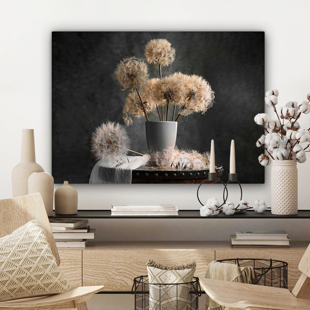 LEINWANDBILD Blumensamen - Löwenzahn - Vase - Stilleben - Blumenstrauß Wandbilder 80x60 cm - Dunkelgrau, Textil (80/60cm) - MuchoWow