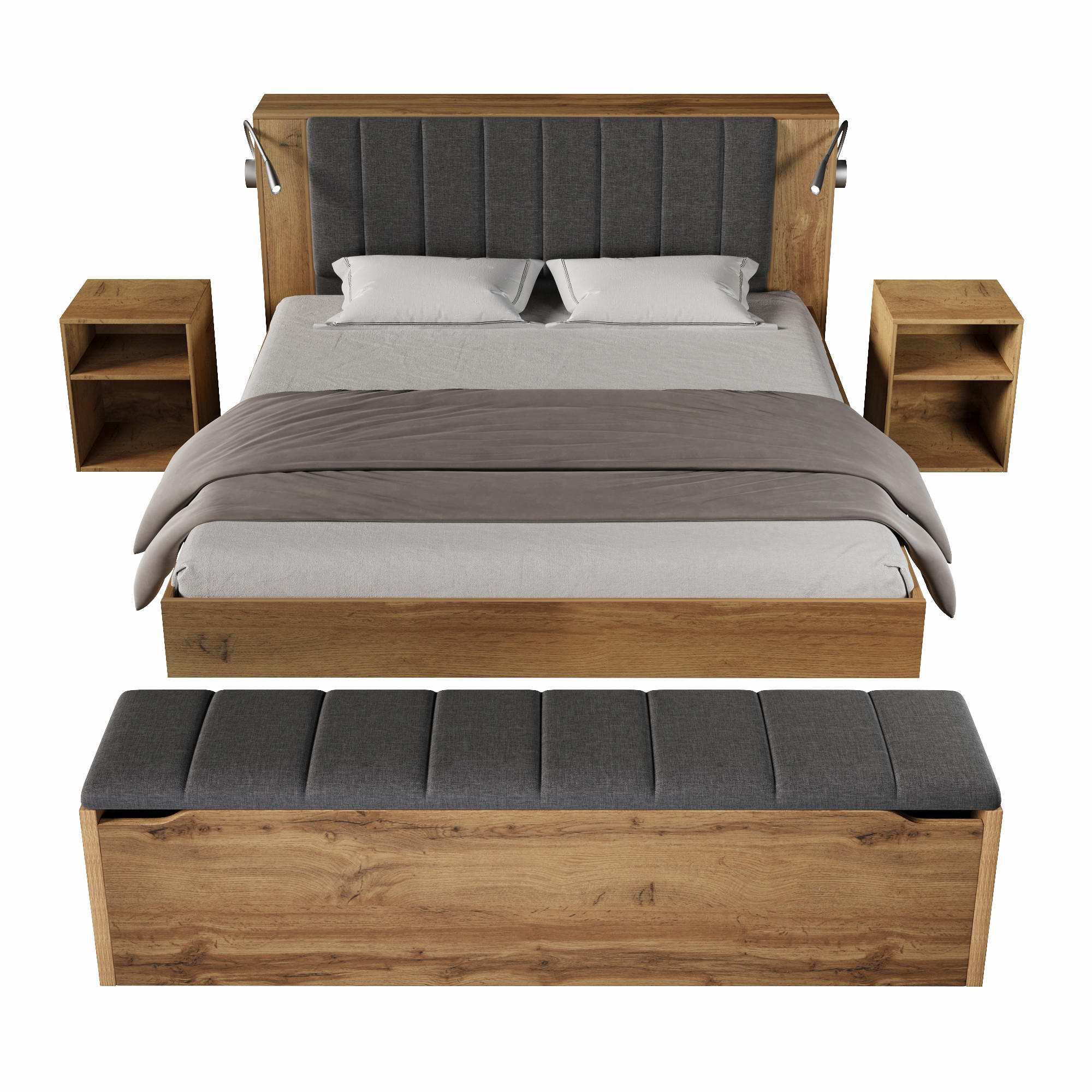 DOPPELBETT 160/200 cm mit Leselampen, USB, Nachttischen, Bettbank und Matratze, Eiche - Eichefarben, Holzwerkstoff (160/200cm) - Redom