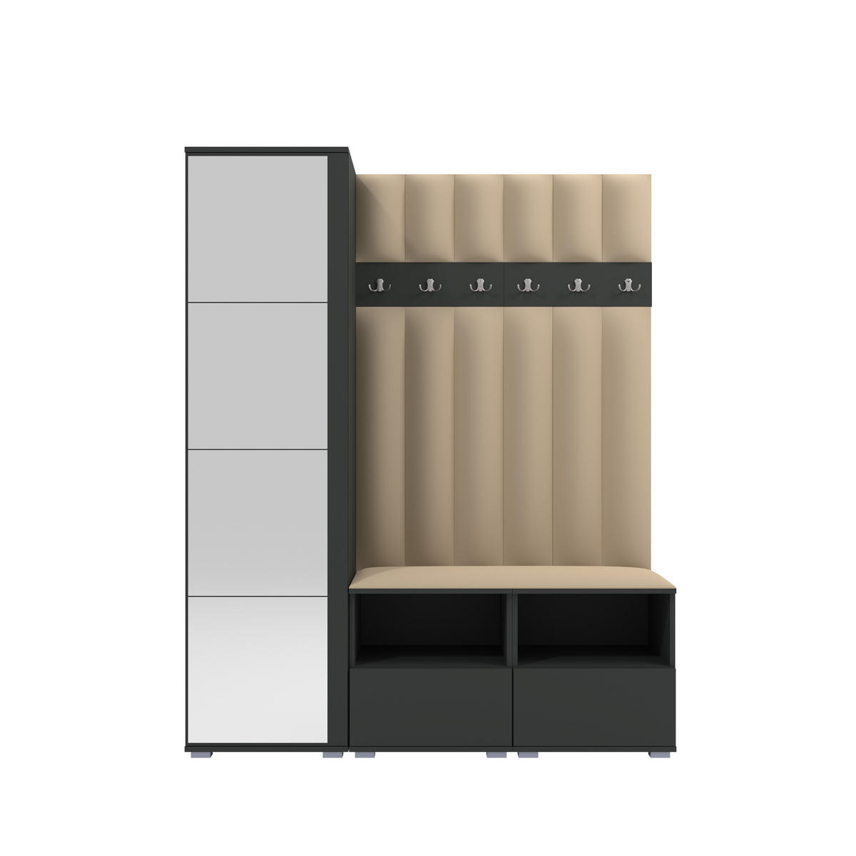 GEPOLSTERT Garderoben-Set Nela II LUX (Spiegel – Farbe Graphit + Stoff Trinity 04) - Beige/Silberfarben, Holz/Holzwerkstoff (150/187/40cm) - Ravio