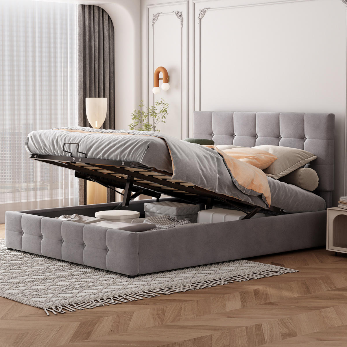POLSTERBETT 140/200 cm Grau aus Samtstoff mit Bettkasten - Grau, Textil (140/200cm) - OKMYHOME
