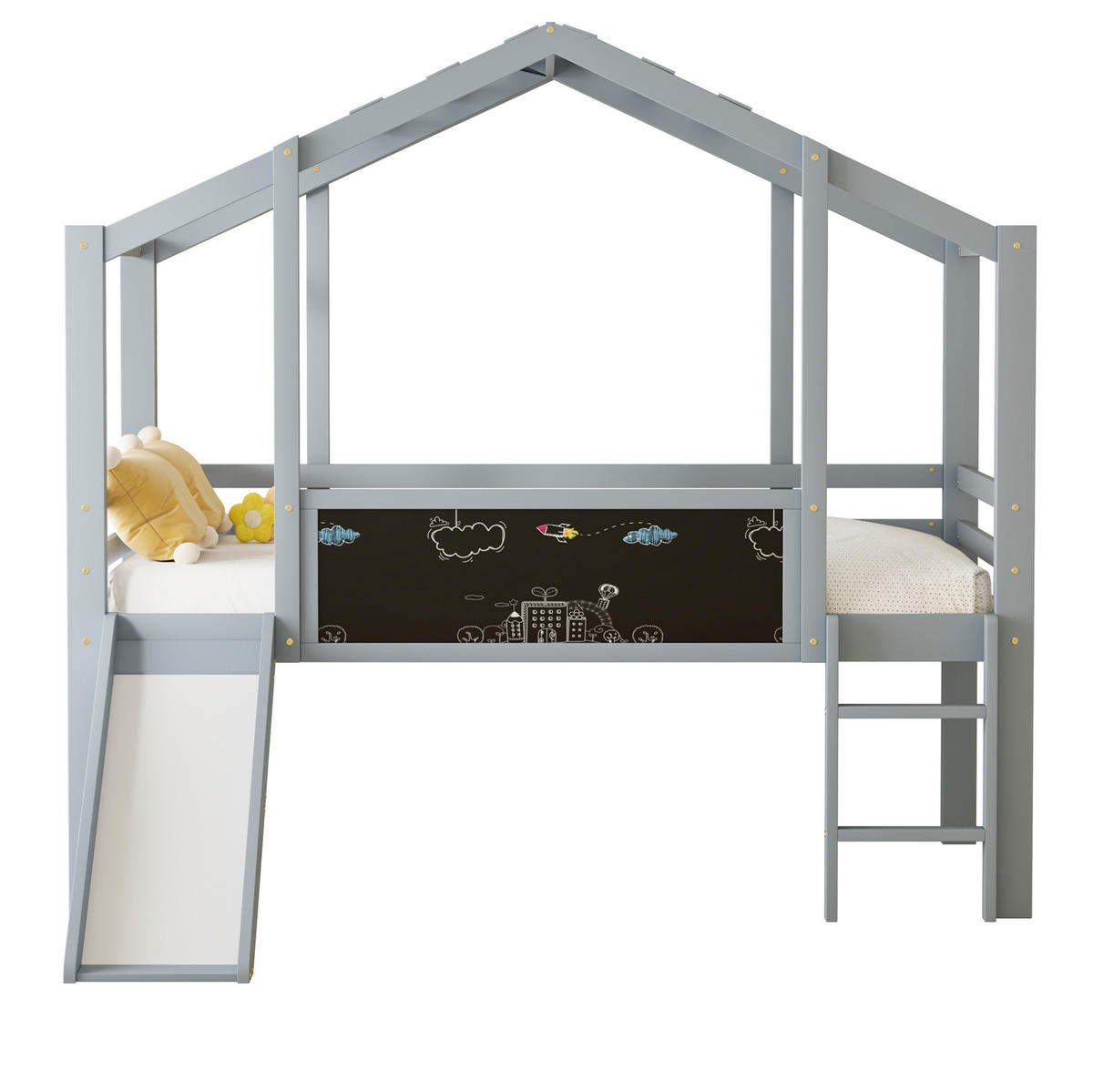 HAUSBETT 90/200 cm Grau aus Massivholz mit Rutsche und Tafel - Grau, Holz (90/200cm) - OKMYHOME