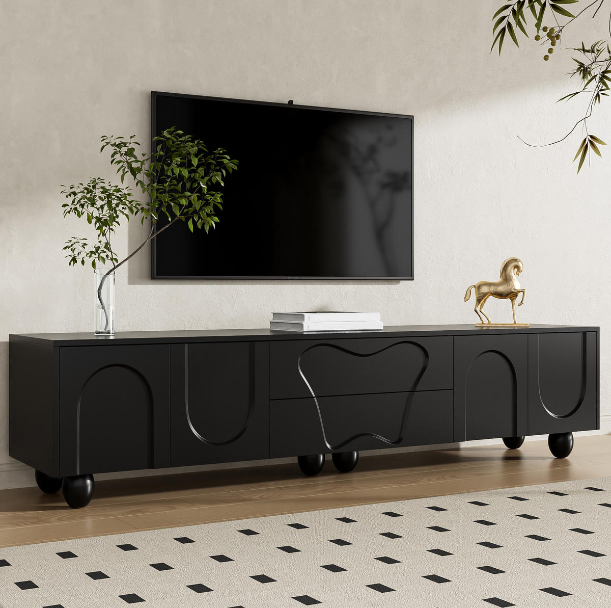 TV-LOWBOARD aus Spanplatte 180x40x42 cm Schwarz mit Schubladen, Fächern und Massivholzbeinen - Schwarz, Holzwerkstoff (180/42/40cm) - IVMEU