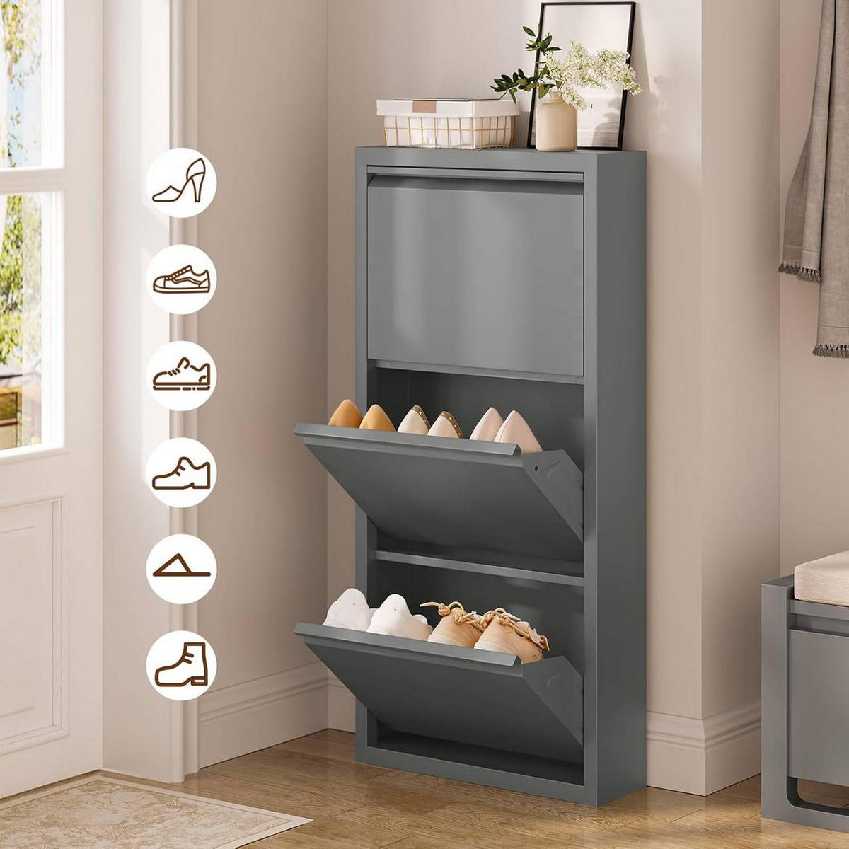 SCHUHSCHRANK mit 3 Klappen, 50x106x15cm, Hellgrau - Hellgrau, Metall (50/106/15cm) - Woltu