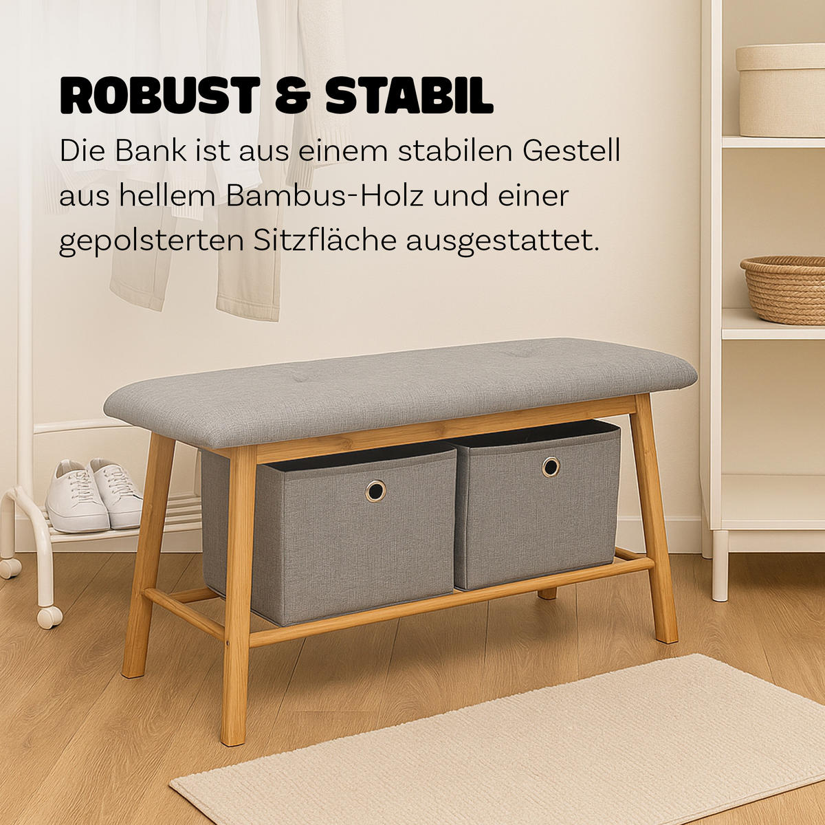 SCHUHBANK Bambus 90x34x45cm mit 2 Körben - Hellbraun/Grau, Bambusholz/Textil (34/45/90cm)
