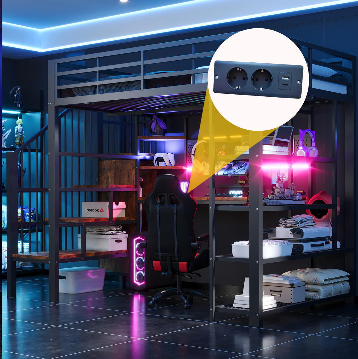 HOCHBETT 140/200 cm aus Metall und Holzwerkstoffen mit Treppe, Schreibtisch, Regal und LED Schwarz - Schwarz, Metall (140/200cm) - Modenvie