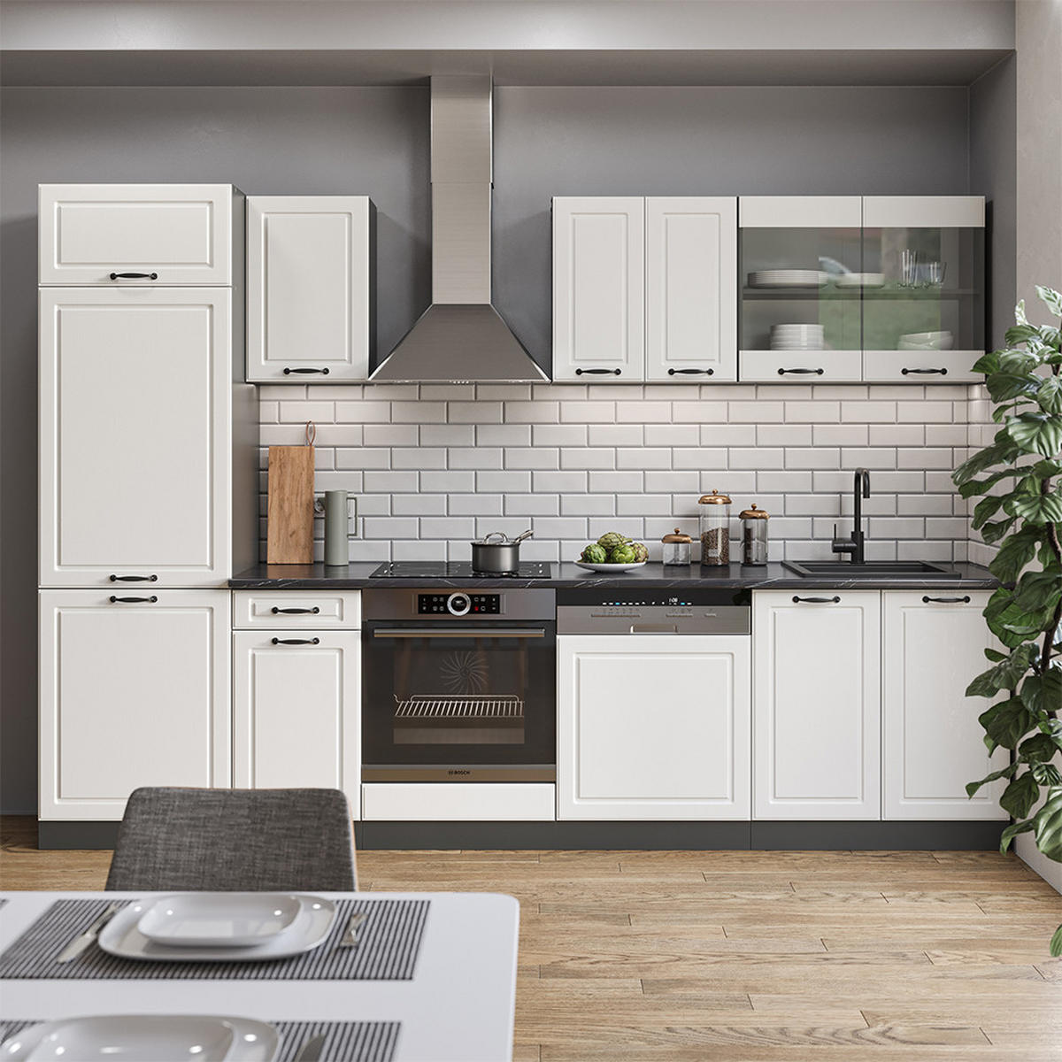 KÜCHENZEILE R-Line Weiß Landhaus/Anthrazit 300 cm, AP Eiche - Anthrazit/Creme, Holzwerkstoff (300/81.6/60cm) - Vicco