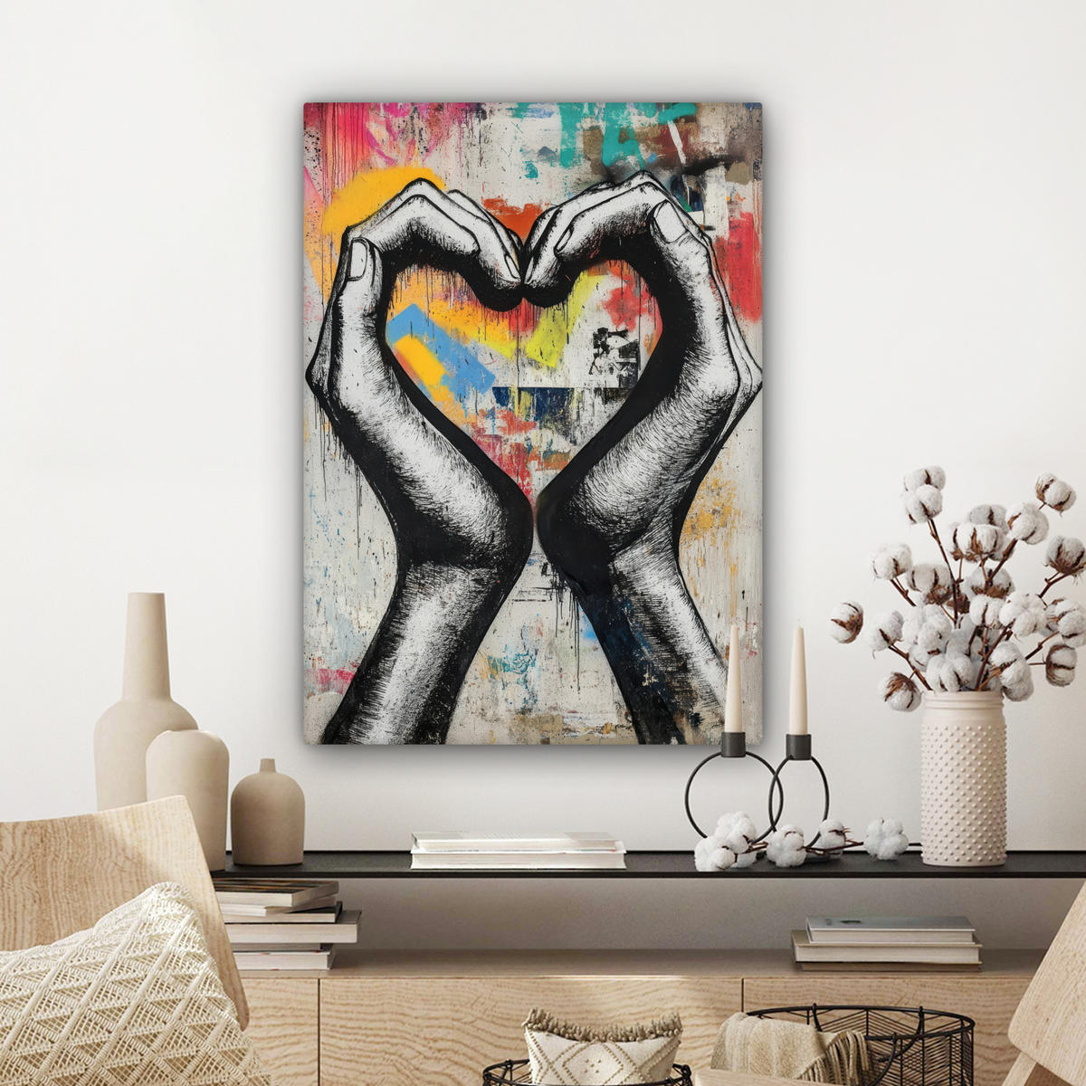 OBRAZ NA PLÁTNE Ruky - Srdce - Street art - Graffiti 60x80 cm - viacfarebná, textil (60/80cm) - MuchoWow