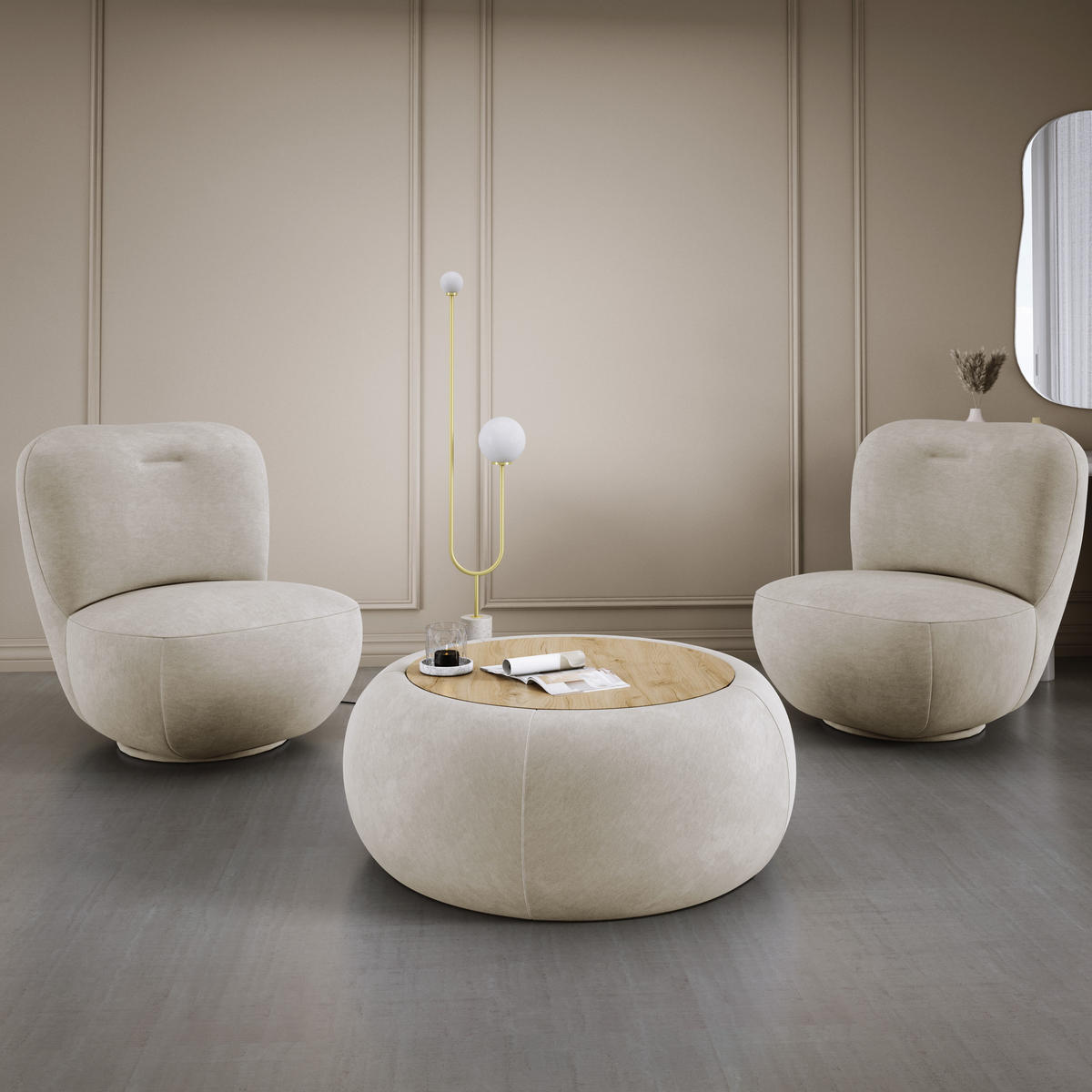 DREHSESSEL LUIS, Freistehend, Sitz drehbar 360°, 39x82x56 cm, SCHMUTZIGES BEIGE - Greige, Holz/Textil (82/72/66cm) - DomoHome