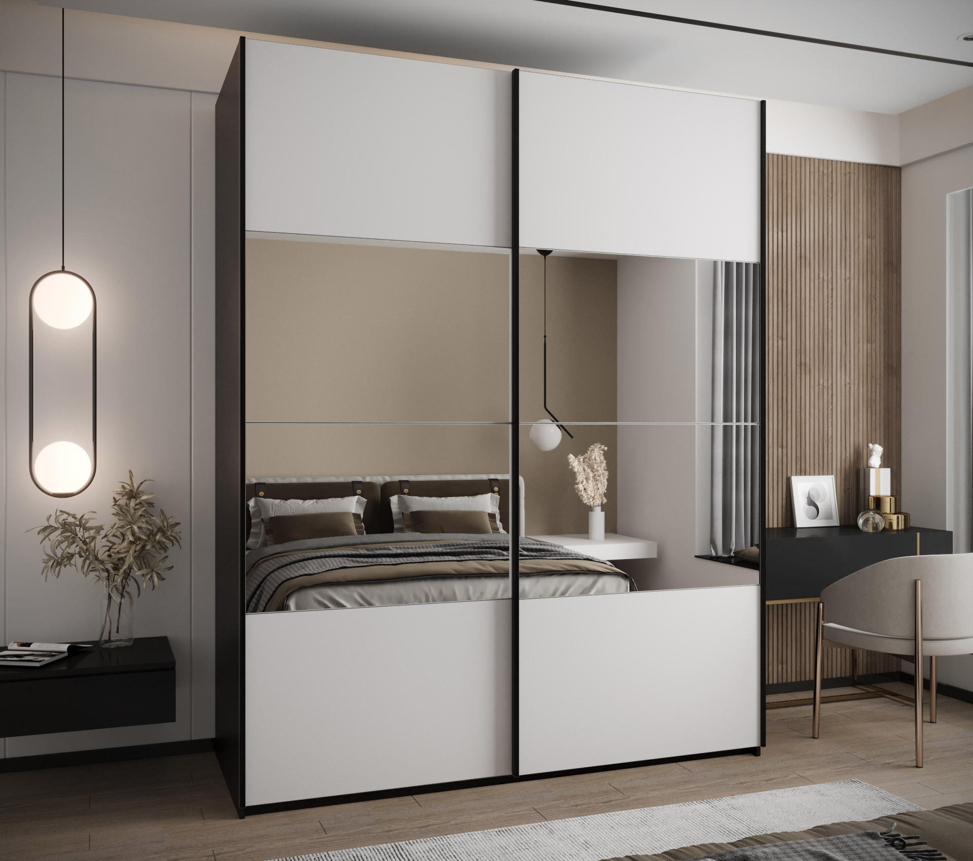SCHWEBETÜRENSCHRANK 245,5/200/64 2-türig - Schwarz/Weiß, Holz/Metall (200/245/64cm) - Abiks Möbel