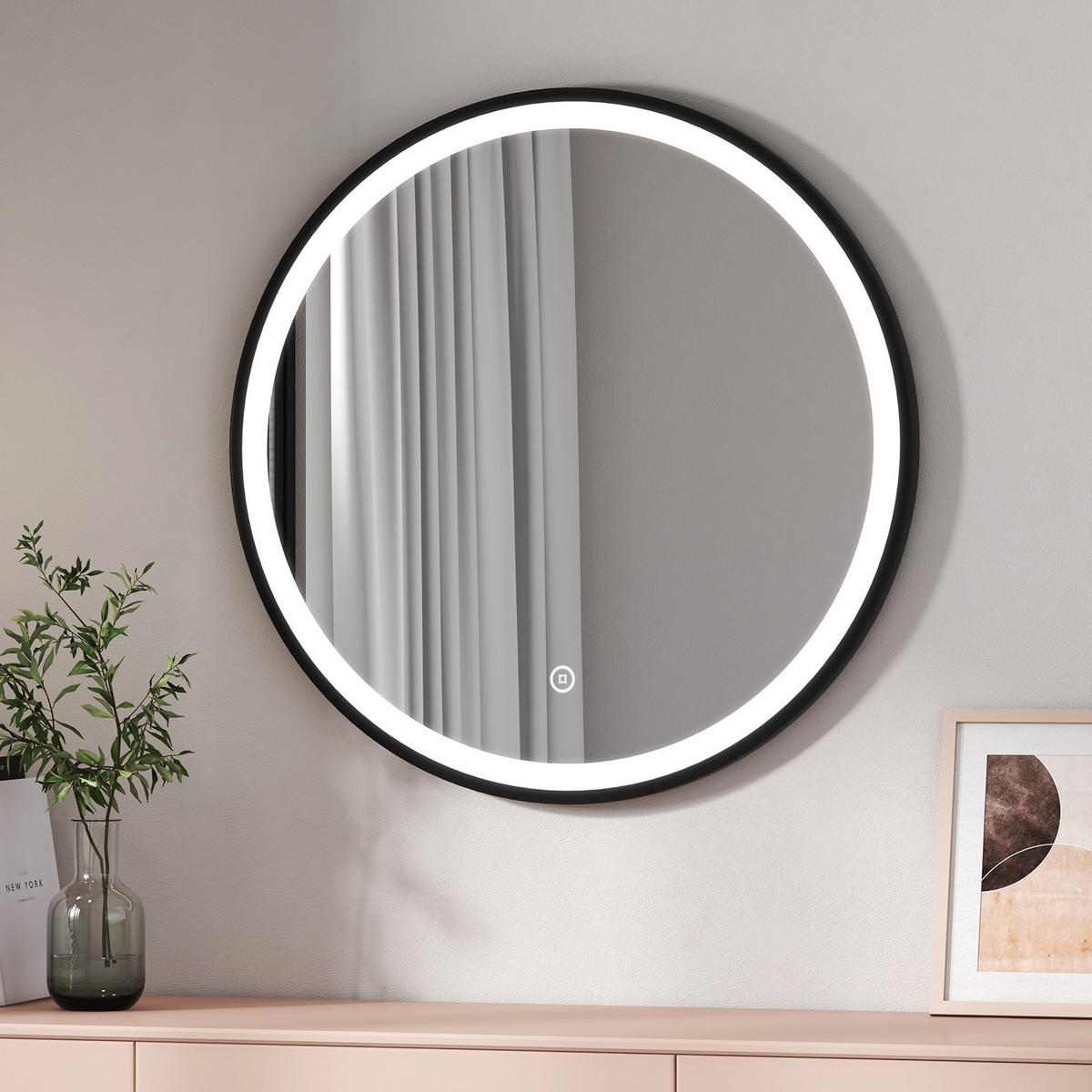 BADSPIEGEL Rund mit Beleuchtung mit Hängeriemen Schwarz ф80 cm - Schwarz, Glas (80/3/80cm) - EMKE