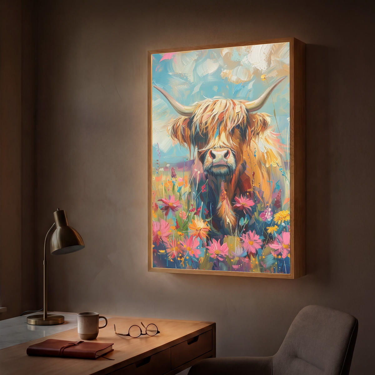NÁSTĚNNÁ LAMPA S AKUMULÁTOREM Skotský horal - Příroda - Barevné - Květiny 60x90 cm - různobarevná, kompozitní dřevo (60/90/8cm) - OnlyWow
