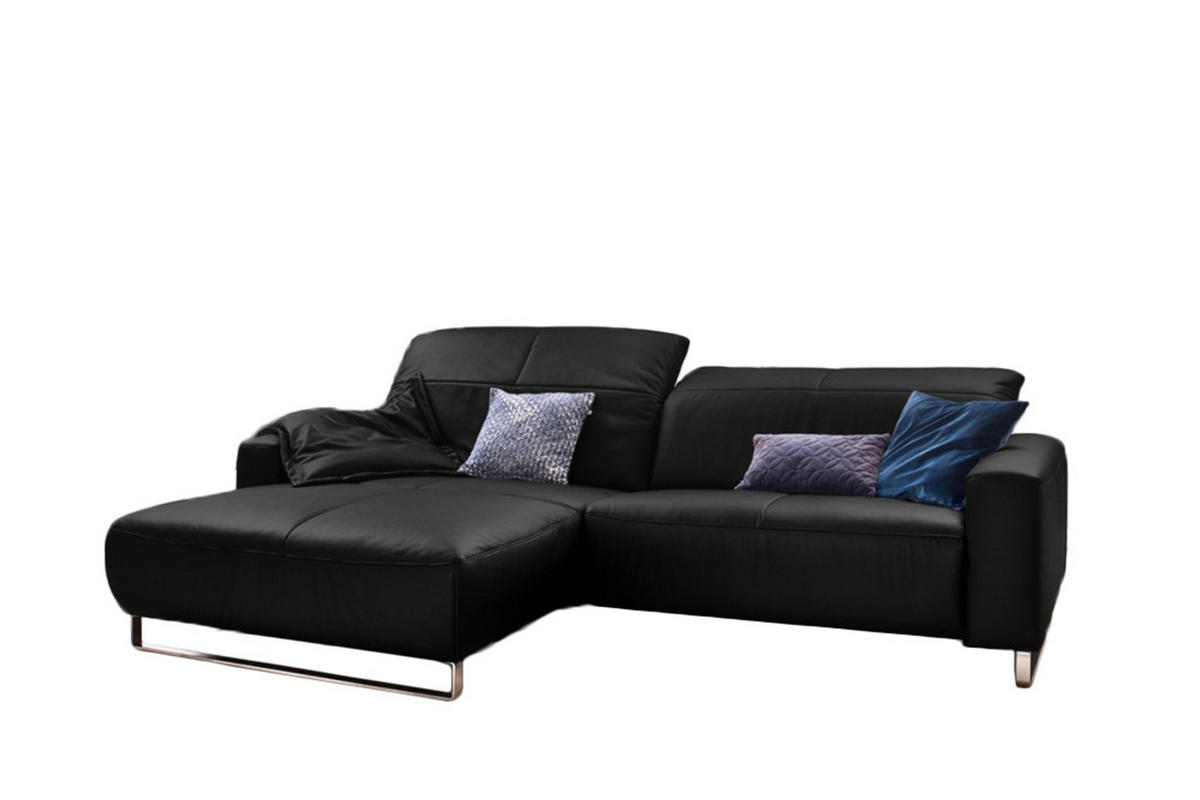 ECKSOFA MIT SITZTIEFENVERSTELLUNG YORK Schwarz Leder - Silberfarben/Schwarz, Leder (284/180cm) - KAWOLA
