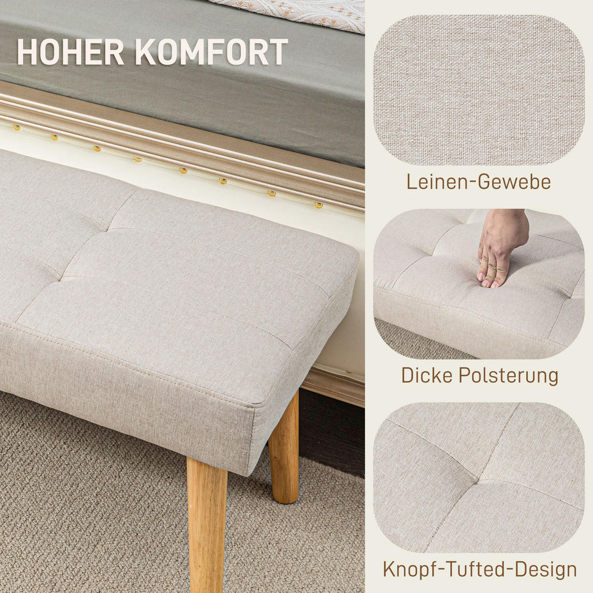 SITZBANK, Polsterbank mit Leinenoptik, Holzbeine 120 x 41 x 43 cm, Creme - Creme, Kunststoff (41/43/120cm) - HOMCOM