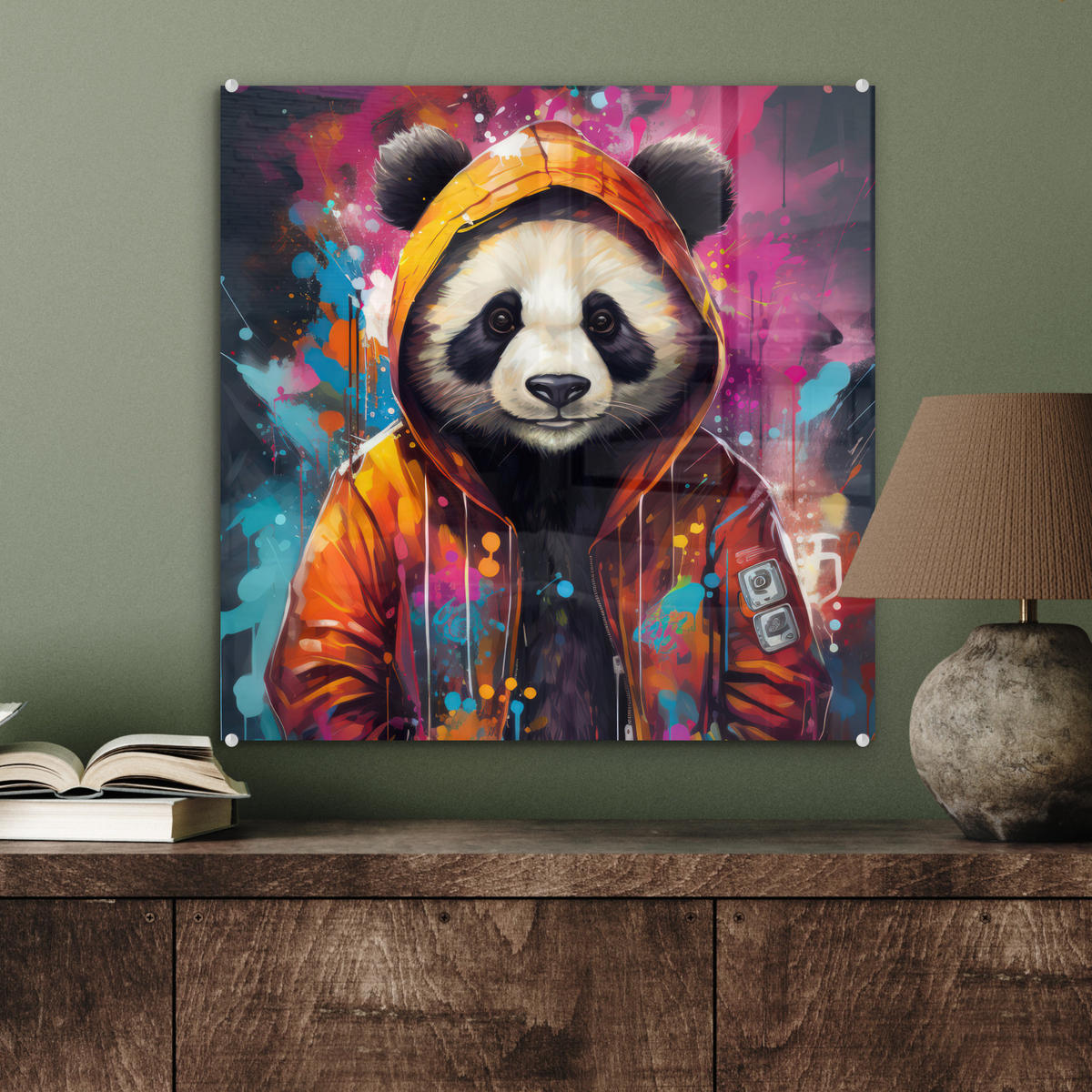 ACRYLGLASBILD Panda - Jacke - Graffiti - Orange 50x50 cm - Orange, Glas (50/50cm) - MuchoWow