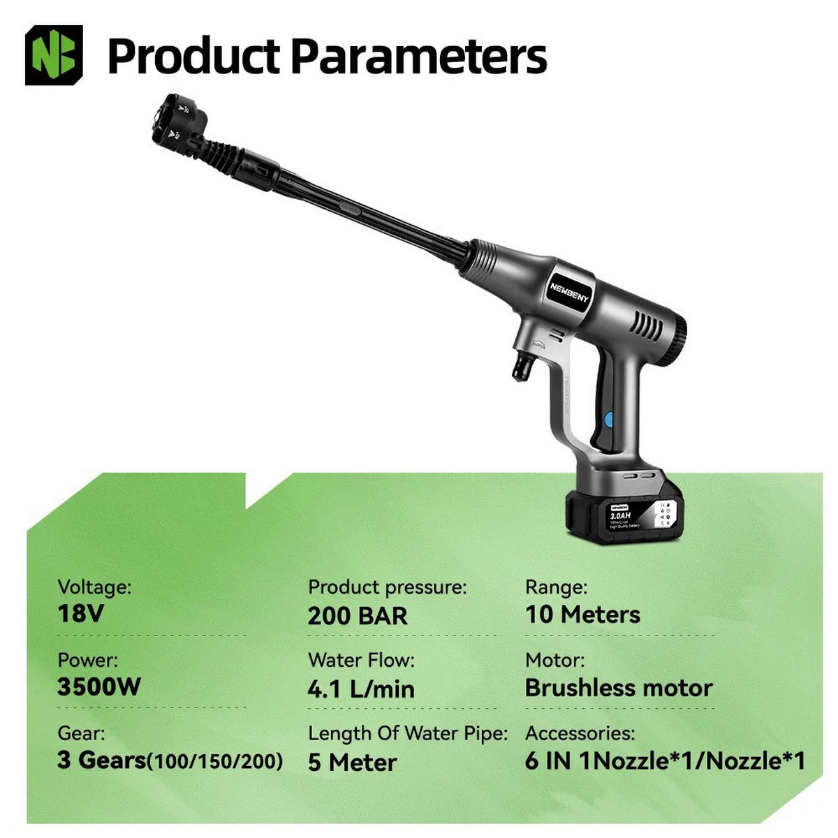 ELEKTRO-HOCHDRUCKREINIGER 200Bar Bürstenlosen, 3 Gang Cordless, für Auto Reinigung Garten Bewässerung, Ohne Batterie - Grau, Kunststoff (60/23cm) - Coonoor