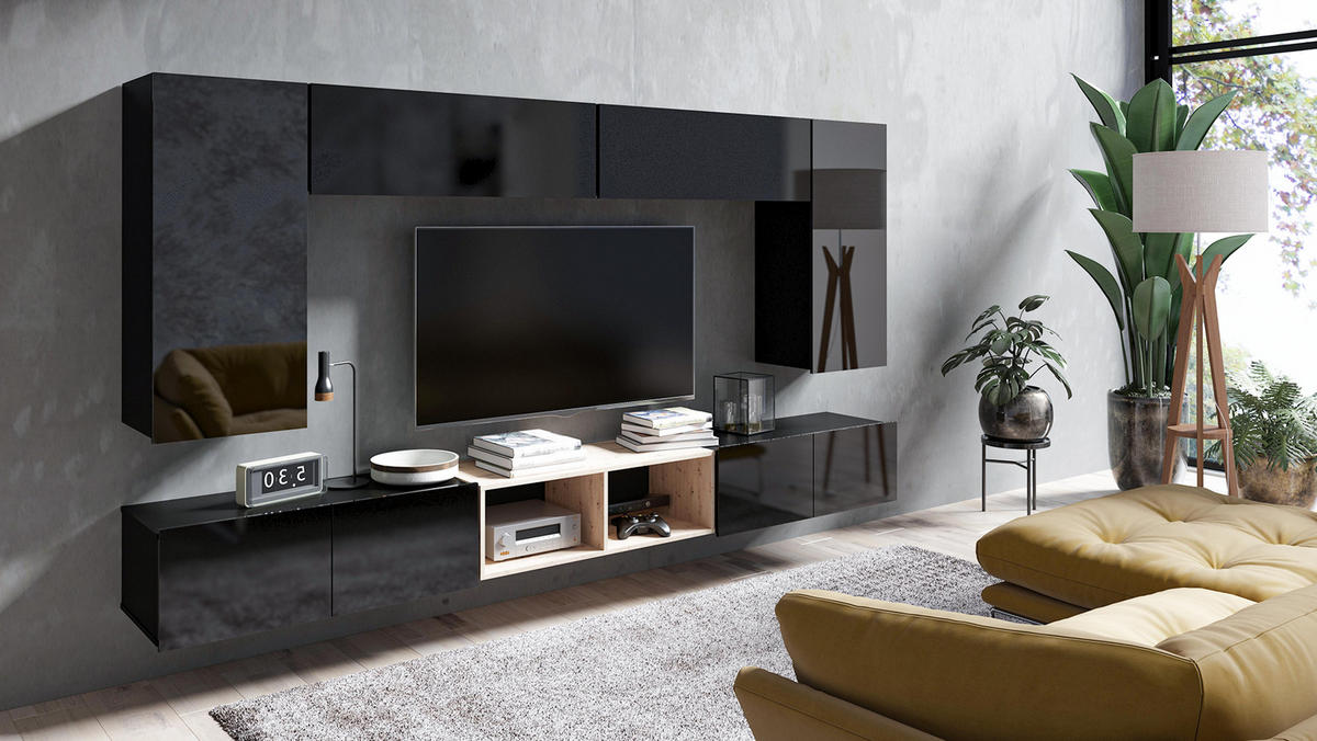 WOHNWAND Kossana 23 Modern Schwarz/Goldene Eiche 300/43/154 cm Wohnwand Set - Schwarz, Holzwerkstoff/Kunststoff (300/156/43cm) - AX Living