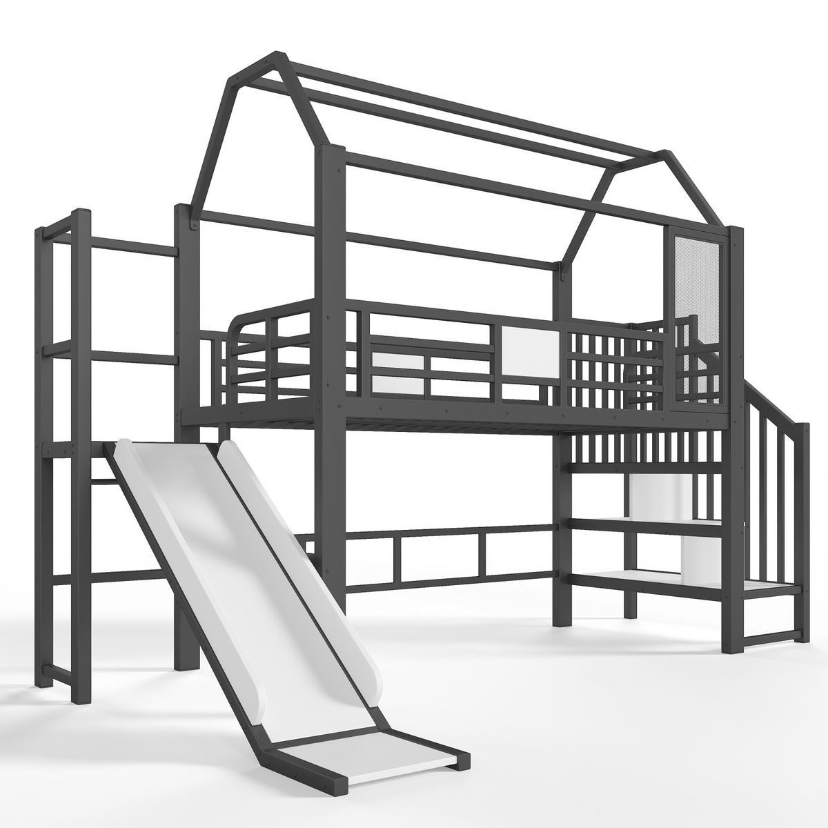 KINDERHOCHBETT MDF & Metall 90x200 cm Schwarz mit Rutsche, Treppe, Stauraumfächern und LED-Beleuchtung - Schwarz, Holzwerkstoff (90/200cm) - Modfu