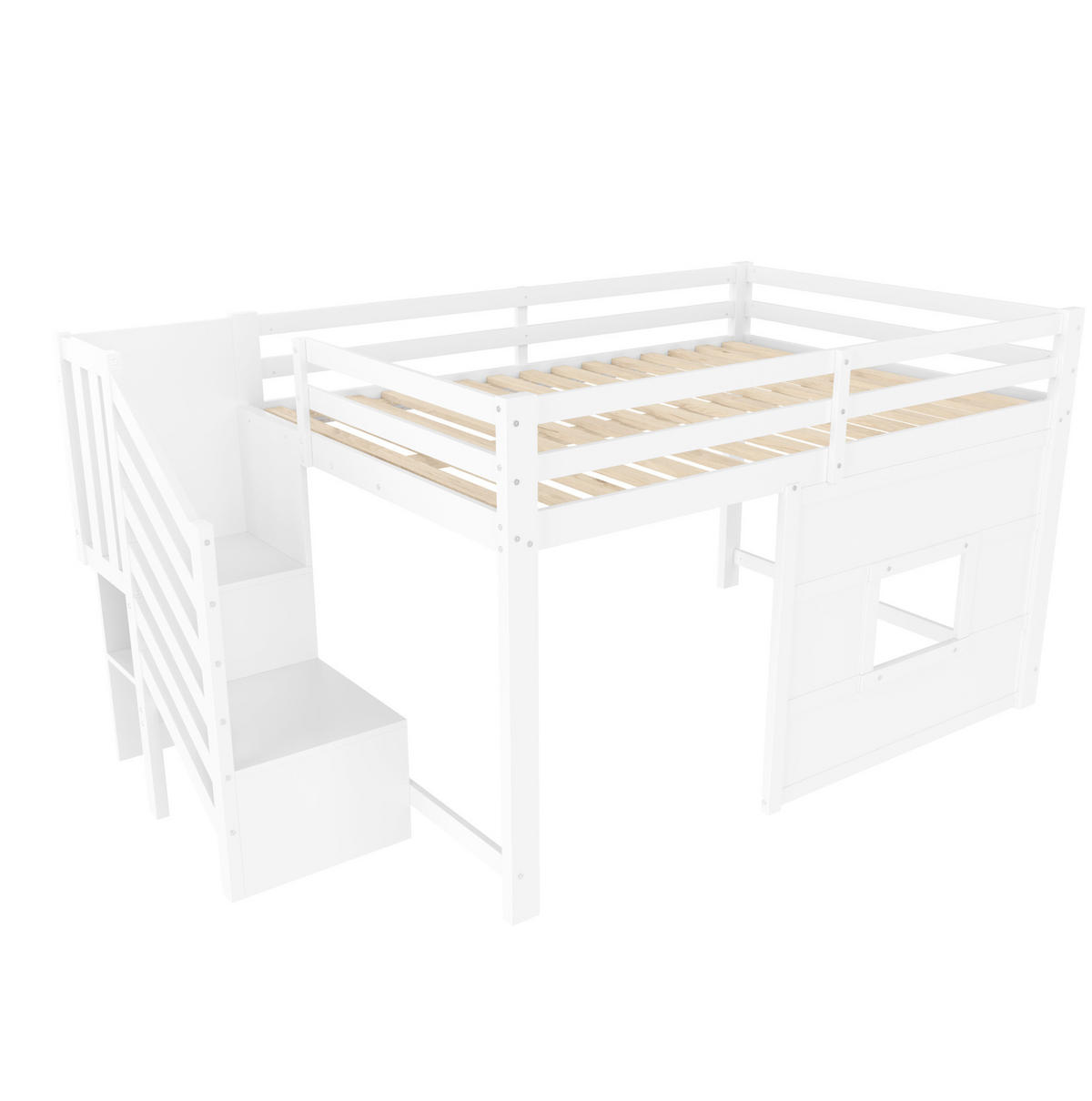 HOCHBETT 140/200 cm in Weiß mit Stauraumtreppe, Fenster und LED-Beleuchtung - Weiß, Holzwerkstoff (140/200cm) - Flora Grace