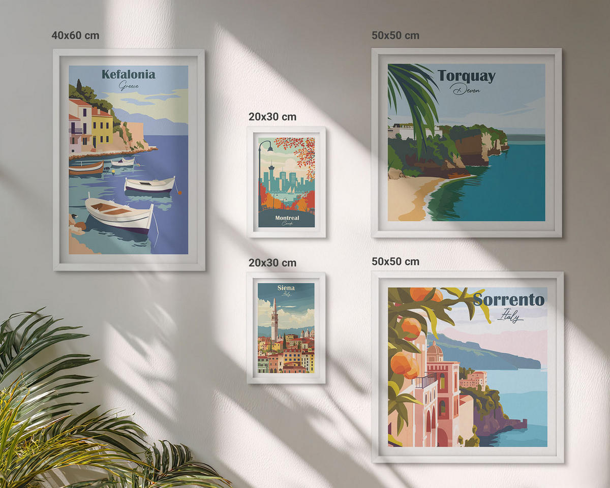 BILDER SET 5er Set - 50x50 cm & 20x30 cm & 40x60 cm Weißer Rahmen - Retro-Illustrationen berühmter Orte - Weiß, Kunststoff (40/60cm) - TULUP