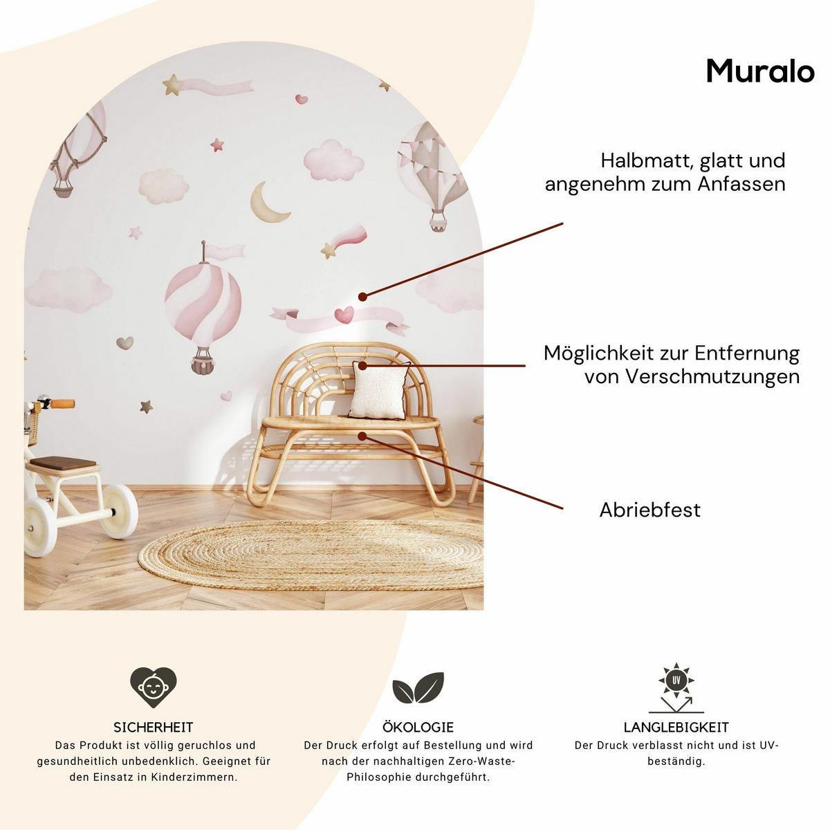 STICKER SET für Kinder rosa Luftballons Wolken Sterne Boho 120x60 - Beige/Rosa, Papier (120/60/1cm) - Muralo