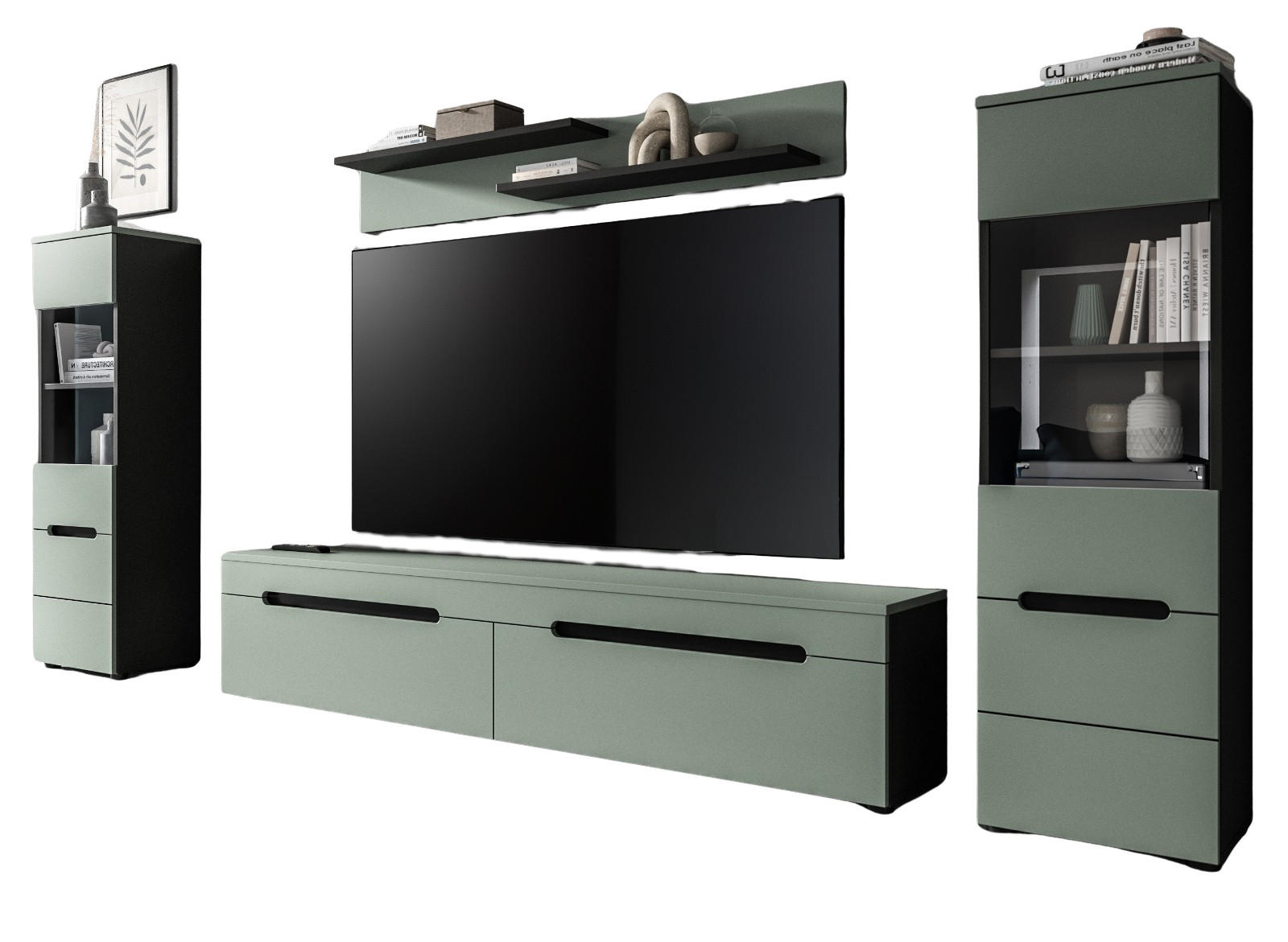 WOHNWAND Salbei grün, grau, Set 4-teilig 270 cm hängend oder stehend, Soft-Close - Salbeigrün/Schwarz, Glas/Holzwerkstoff (272/141/33cm) - Inn.Furn