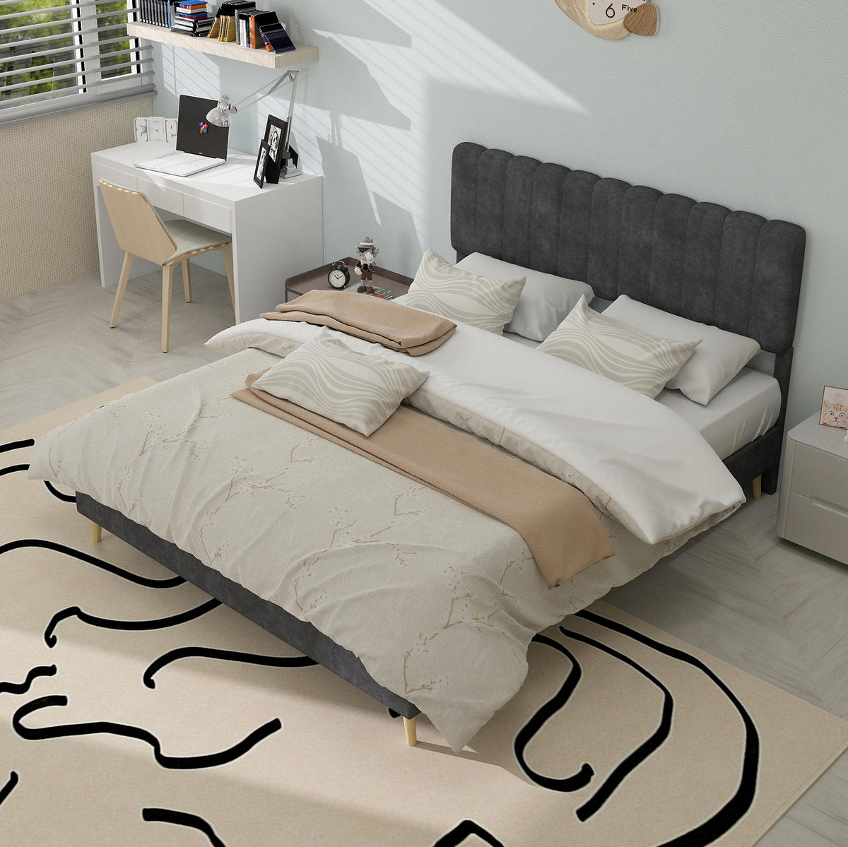 ČALOUNĚNÁ postel 140/200 cm šedá z látky a kovu s měkkým čelem - šedá, textil (140/200cm) - OKWISH