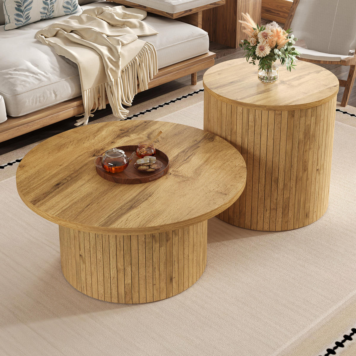 KLUB stolić set 75/75/36 i 50/50/50,5 cm prirodna boja od MDF-a s modularnim okruglim dizajnom - prirodne boje, drvni materijal (75/75/36cm) - OKWISH