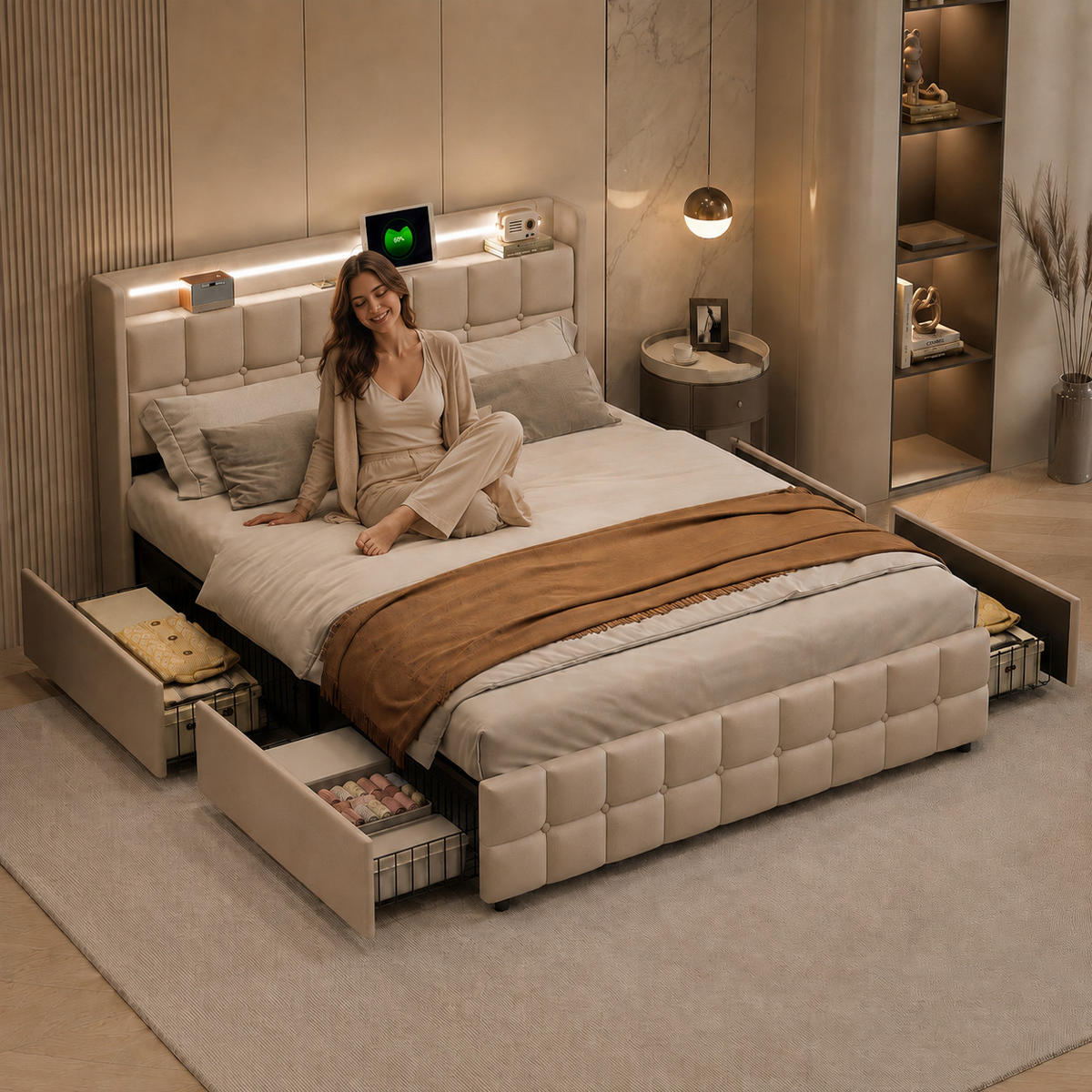 POLSTERBETT 180/200 cm mit LED & USB-Kopfteil und Schubladen, modernes Stauraumbett - Beige, Holz/Metall (180/200cm) - Joyfair