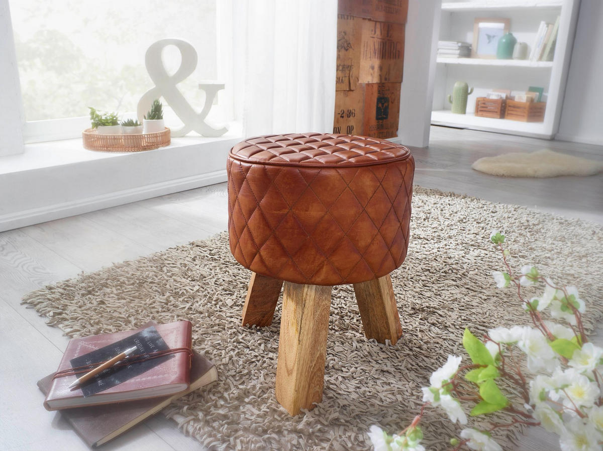 SITZHOCKER – Holz/Leder, 46 cm, Rautenmuster, Braun - Braun, Mangoholz/Leder (35/46/35cm) - KADIMA DESIGN