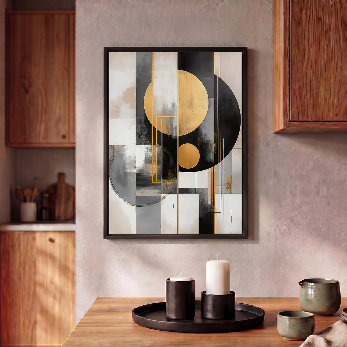 LEINWAND Bilder mit Rahmen - Abstrakt - Gold - Silber - Formen - Ästhetisch - Modern - 30x40 - Goldfarben, Textil (30/40cm) - MuchoWow