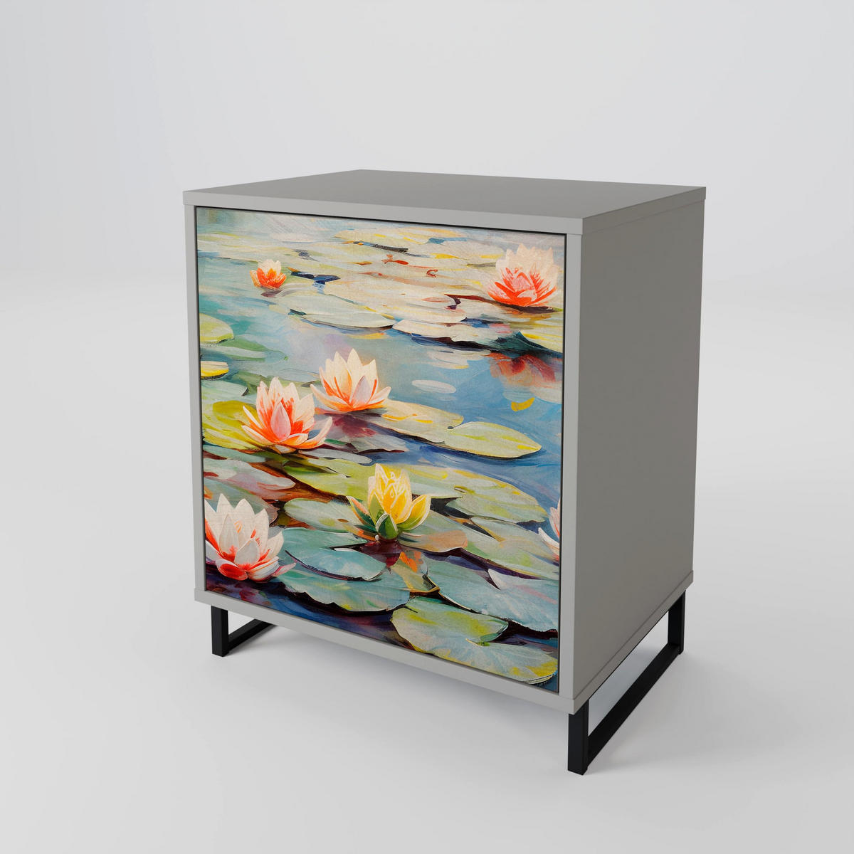 SIDEBOARD BLOOMING WATERS, Grau, 57,5x42x70,5 cm, Schwarze Metall-Sternfüße - Multicolor/Schwarz, Holzwerkstoff/Metall (57.5/70.5/42cm) - SpaceRebels