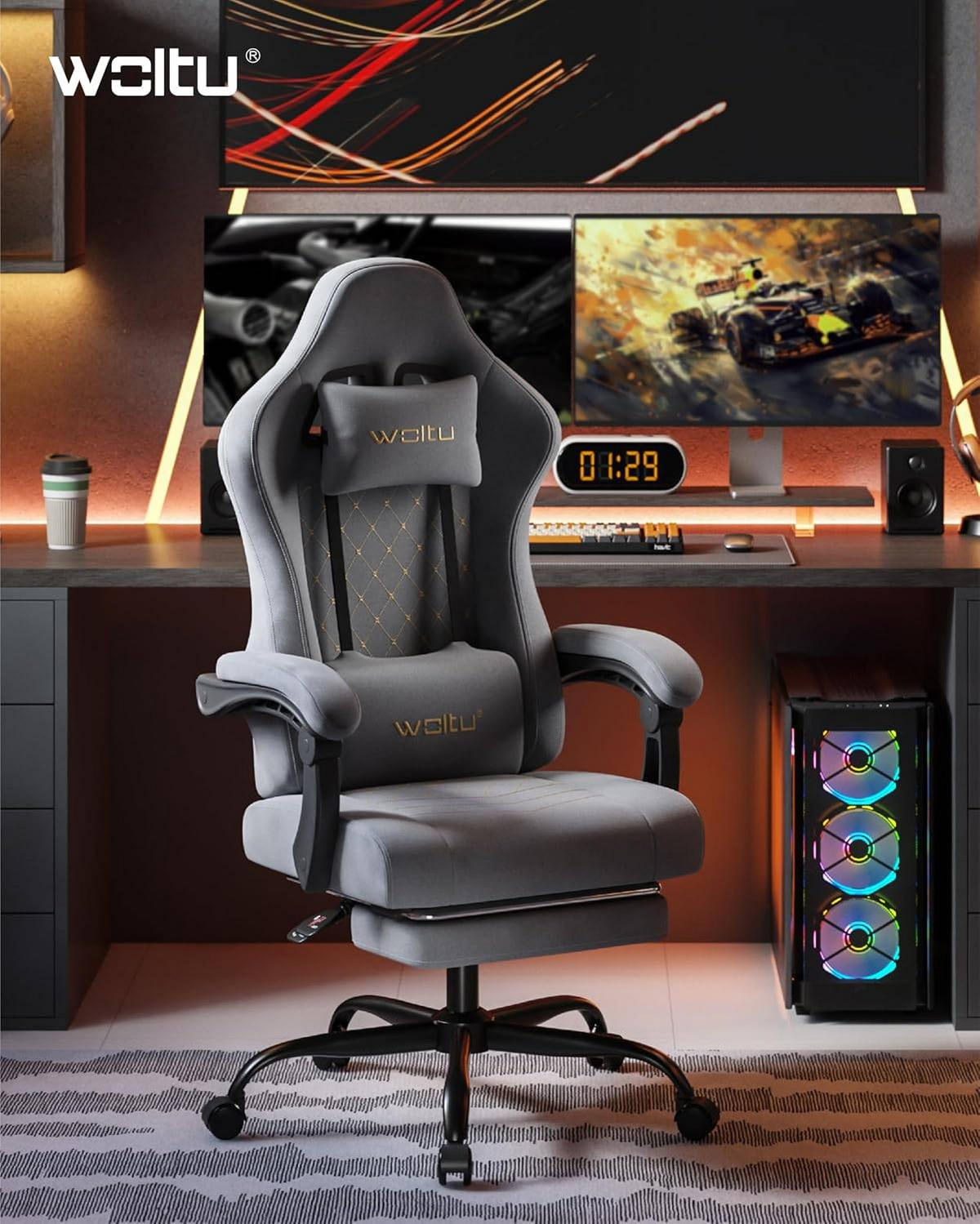 GAMINGSTUHL mit Massagefunktion, Computerstuhl Ergonomisch - Goldfarben/Schwarz, Kunststoff/Textil (70/127/70cm) - Woltu