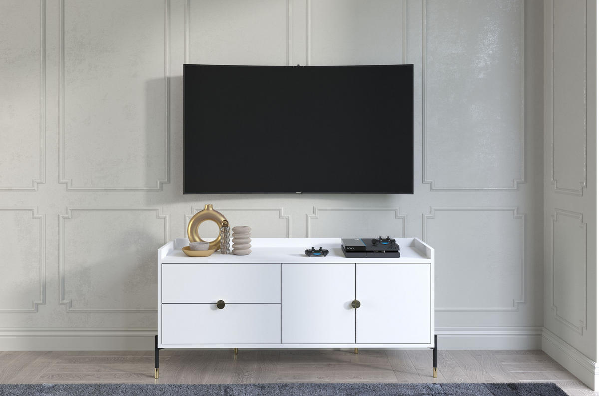 SIDEBOARD Iga, Weiß, Goldene Details, Schwarz Metallsockel - Schwarz/Weiß, Holzwerkstoff/Metall (142/65.5/42cm) - Dancan