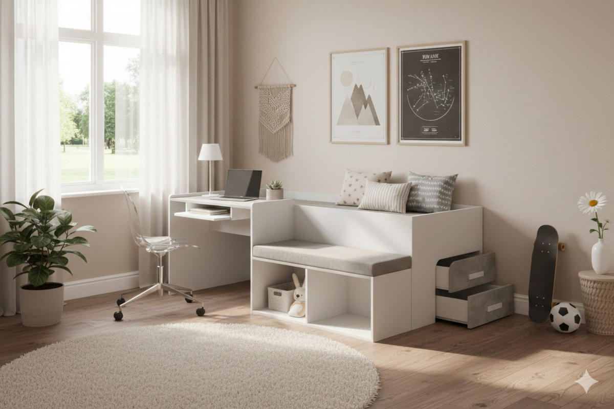 JUGENDBETT MULTI 90/200 cm in Weiß/Beton - Weiß/Grau, Holzwerkstoff/Textil (90/200cm) - Deine Möbel 24