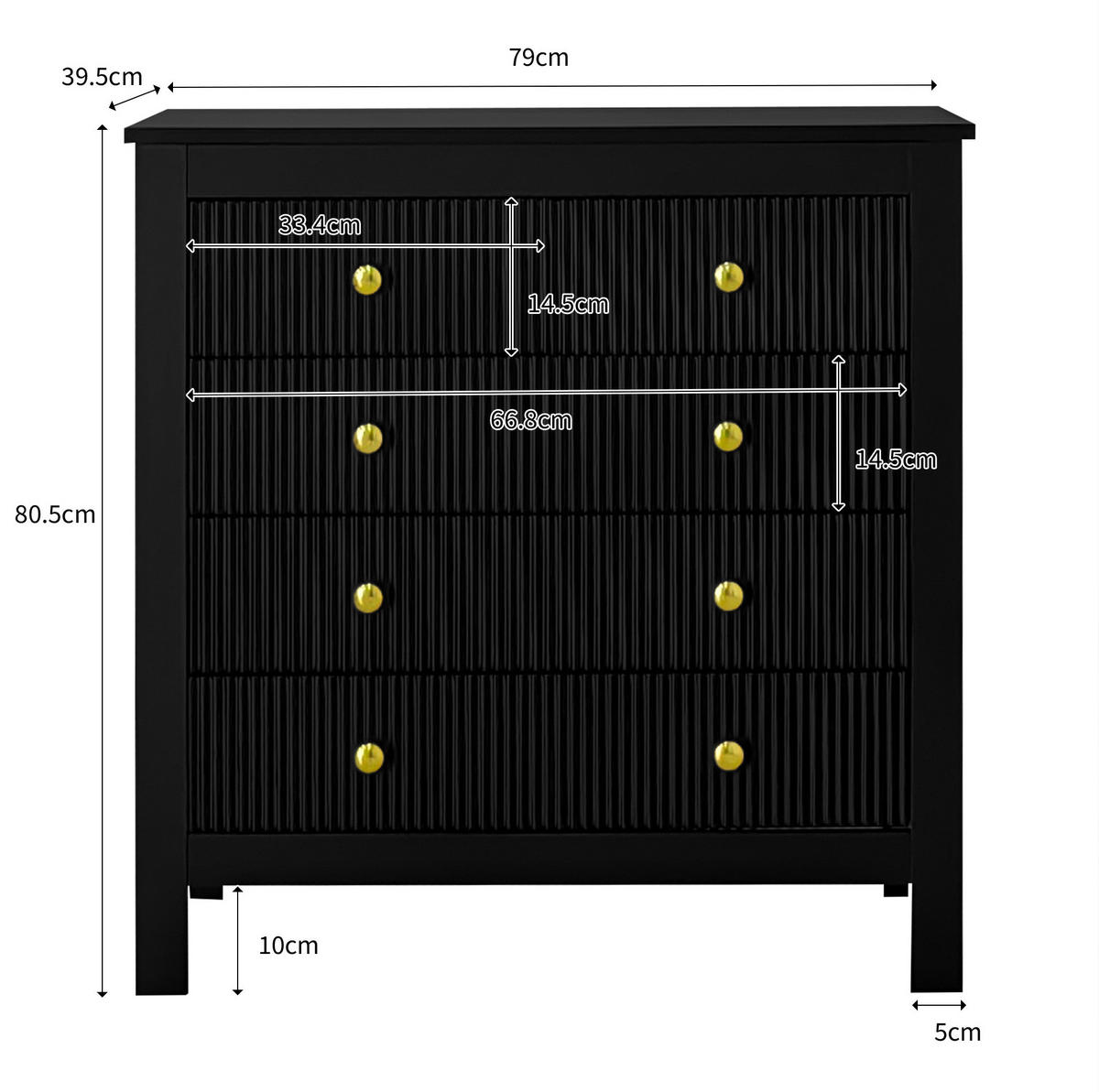 KOMMODE aus Spanplatte 79x39,5x80,5cm in Schwarz mit 5 Schubladen - Schwarz, Holzwerkstoff (80.5/80.5/39.5cm) - Modfu
