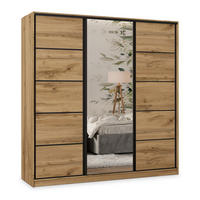 SCHWEBETÜRENSCHRANK PINA 200/205/58 cm 3-türig mit Spiegel und 4 Schubladen Eiche Wotan - Eiche Wotan, Holzwerkstoff (200/205/58cm) - MASSENO