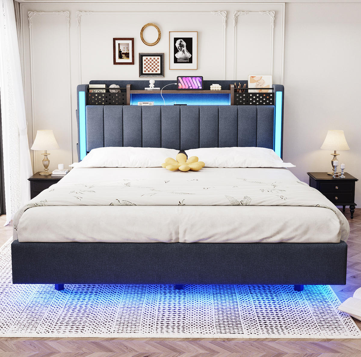 POLSTERBETT 140/200 cm mit LED-Beleuchtung und USB, gepolstertem Kopfteil - Grau, Textil (140/200cm) - BEAOK
