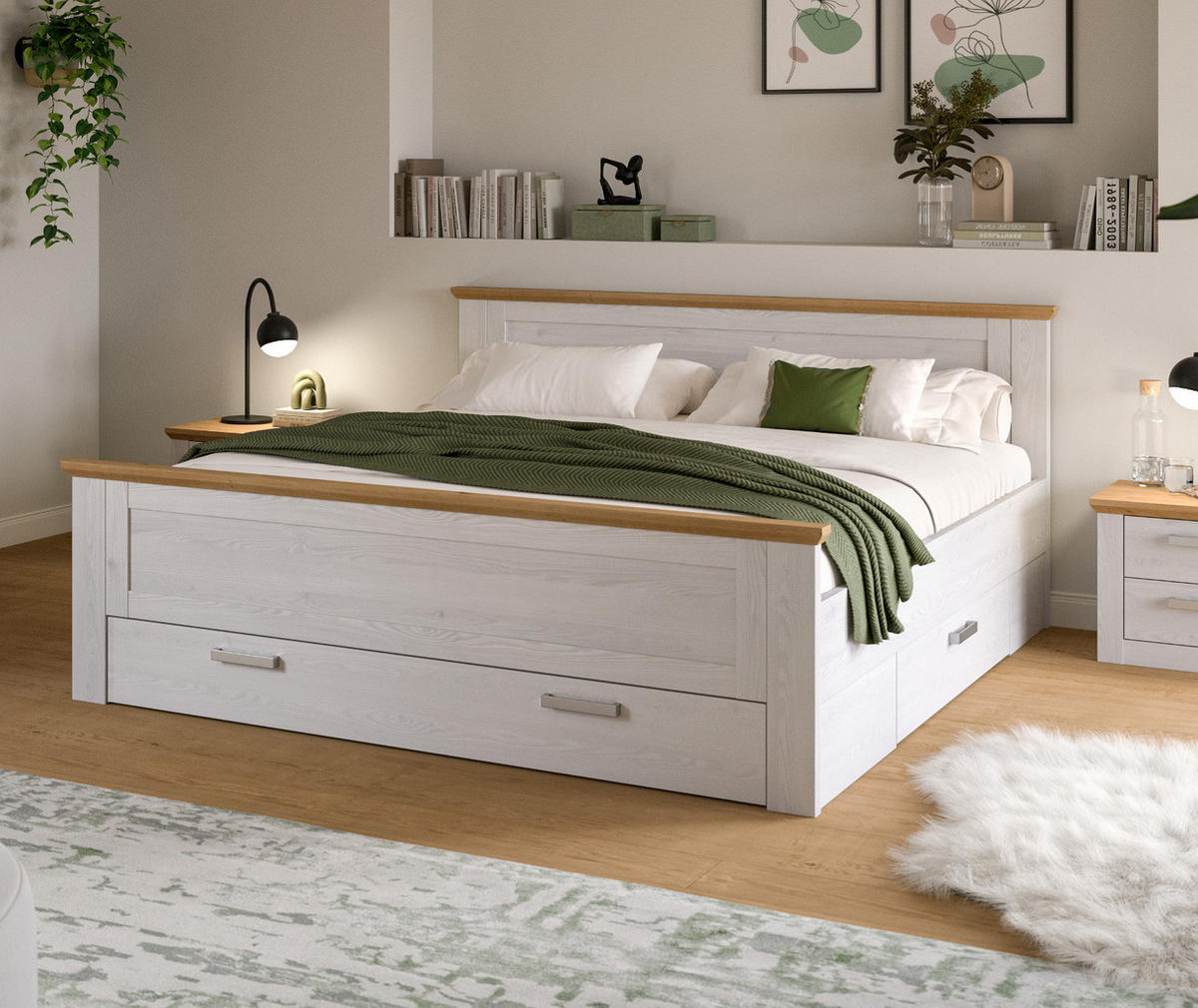 BETT weiß Lärche, Eiche Artisan Landhaus Liegefläche 180 x 200 cm, Doppelbett mit 3 Bettschubkästen - Eichefarben/Weiß, Holzwerkstoff/Metall (180/200cm) - Inn.Furn