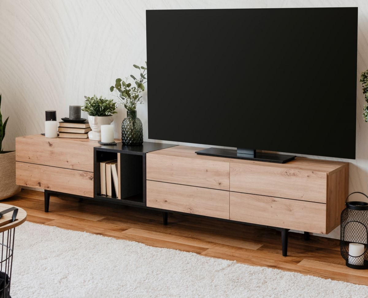 TV-LOWBOARD Eiche Artisan, schwarz 195 cm, TV-Unterteil mit viel Stauraum - Schwarz/Eiche Artisan, Holzwerkstoff (195/48/37cm) - Furn.Design