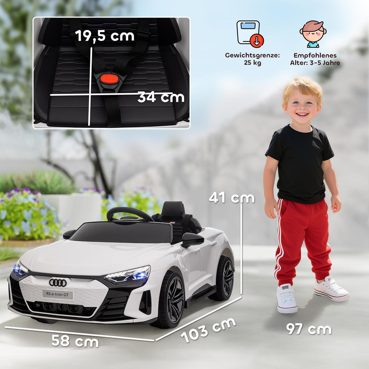 KINDER ELEKTROAUTO, Schwarz/Rot/Weiß, Kunststoff+ Eisen - Weiß, Metall (103/58/41cm) - HOMCOM