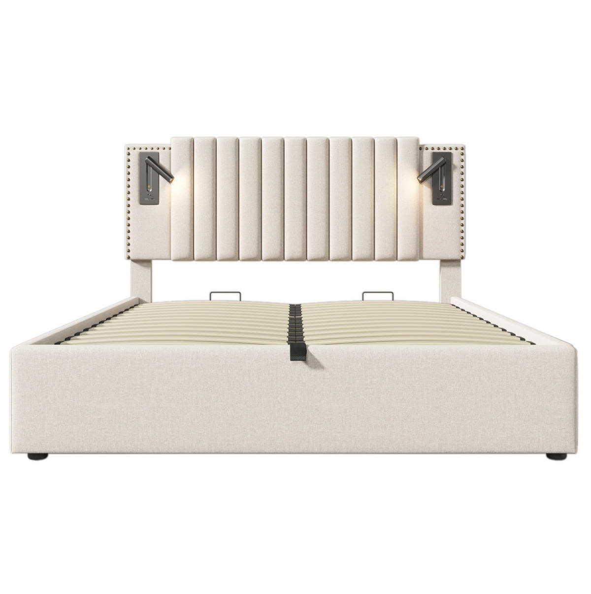 POLSTERBETT aus Baumwolle 180x200 cm Beige mit Bettkasten, Leselicht und USB-/USB-C-Anschlüssen - Beige, Textil (180/200cm) - IVMEU