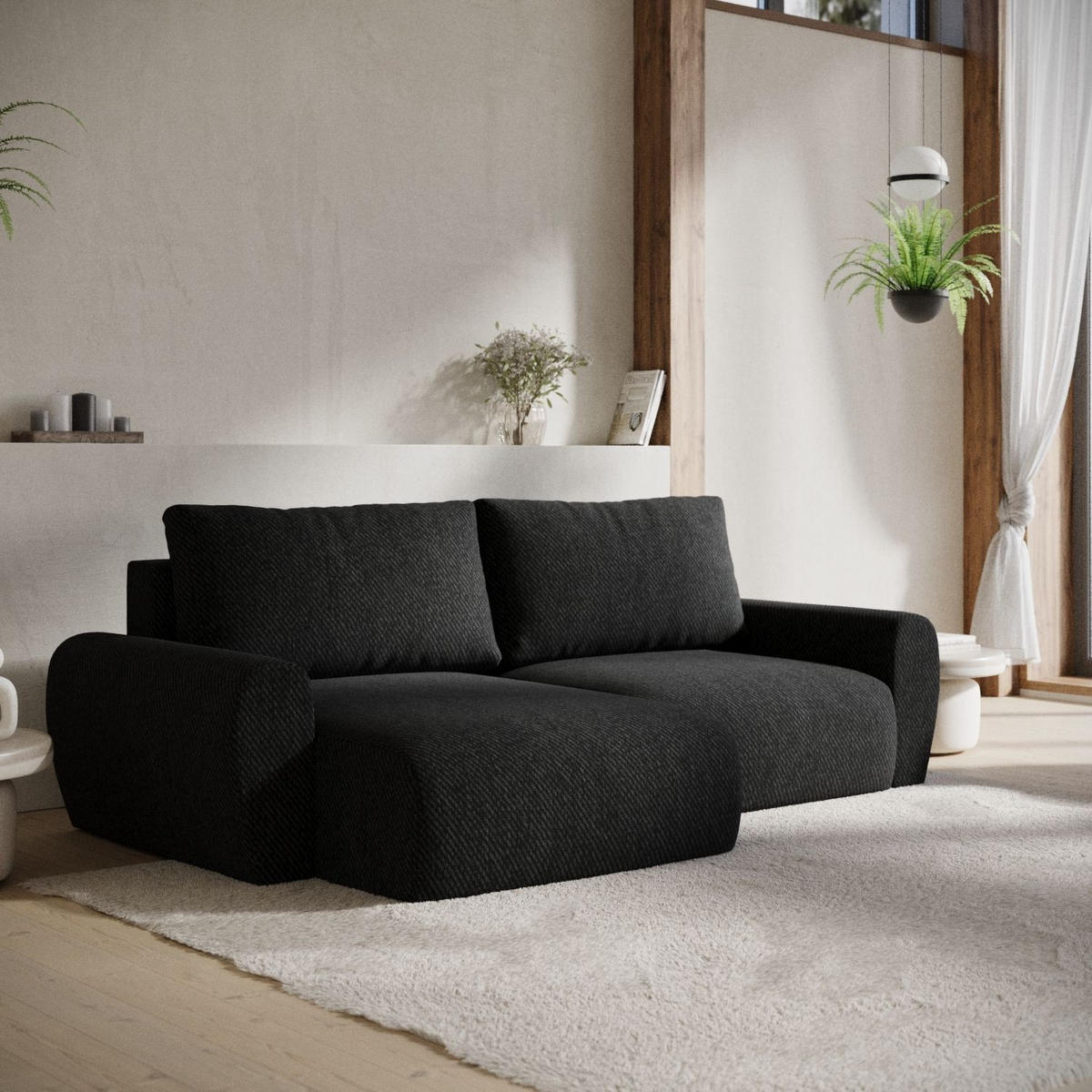 ECKSOFA OMARI mit Schlaffunktion Schwarz im Neve Stoff - Schwarz, Holz/Holzwerkstoff (253/153cm) - AltaBeds