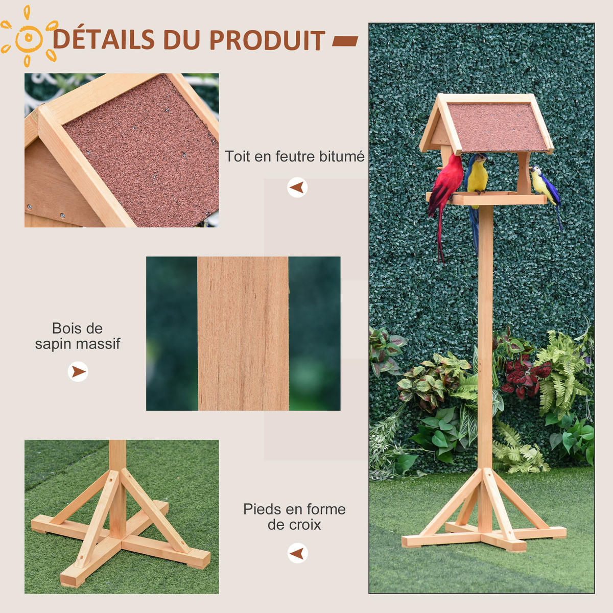 VOGELFUTTERSTATION DE-17844 wetterfestes Dach & massives Holz Natur - Naturfarben, Holz (55/144/55cm) - ComfortXL