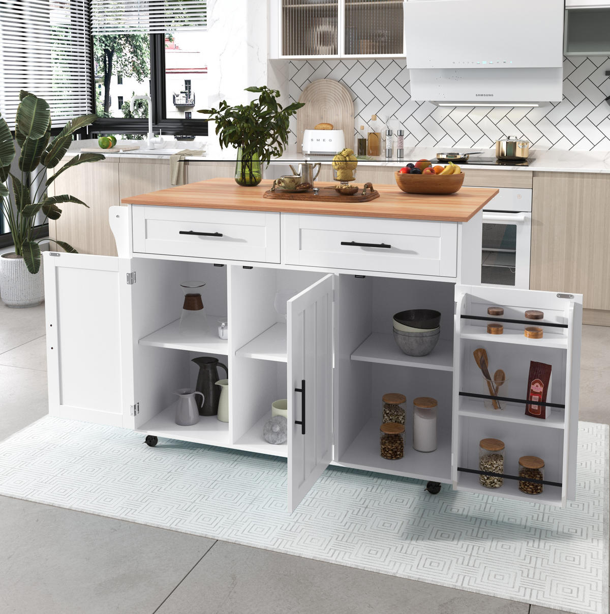 KÜCHENINSEL aus MDF 129x46x91,5 cm Weiß mit klappbarer Arbeitsplatte, Stauraum, Rädern und wechselbaren Massivholzfüßen - Weiß, Holzwerkstoff (120/91.5/46cm) - Modfu