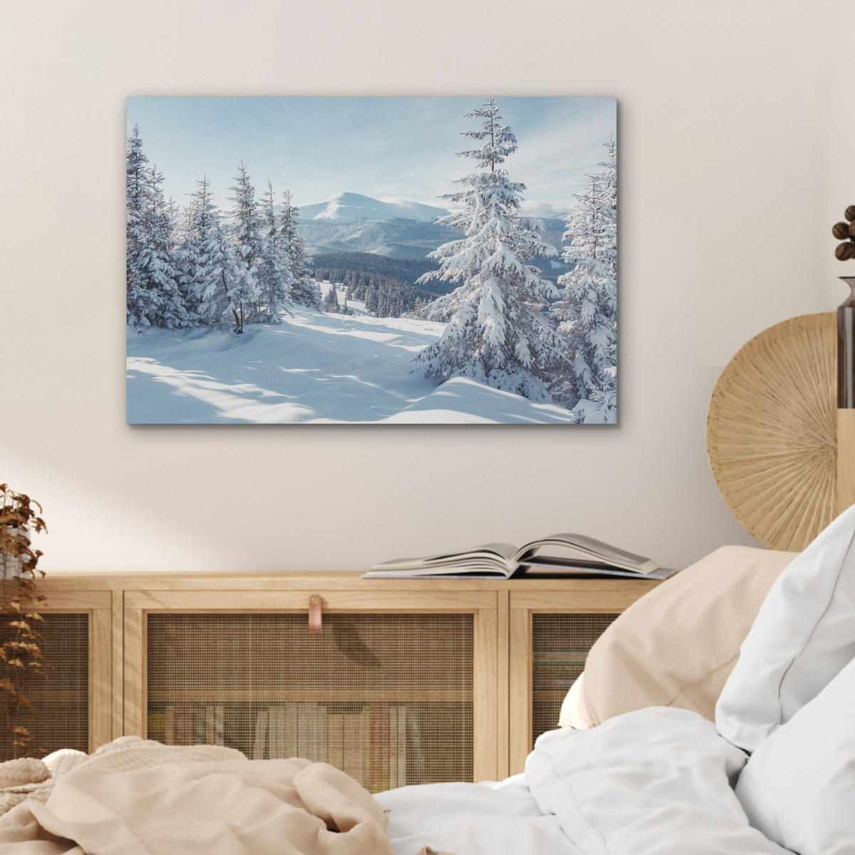 AKUSTIKBILD Winterlandschaft - Natur - Berge - Bäume - Schnee Wanddeko 70x50 cm - Hellblau, Kunststoff (70/50/0.9cm) - MuchoWow