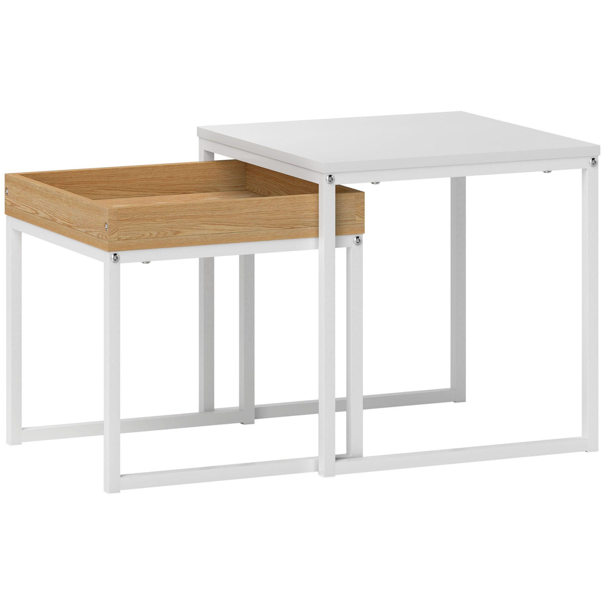 2ER-SET Couchtisch, Eckiger Beistelltisch, Kaffeetisch mit Stahlgestell bis 30kg - Weiß, Metall (45/45/45cm) - HOMCOM