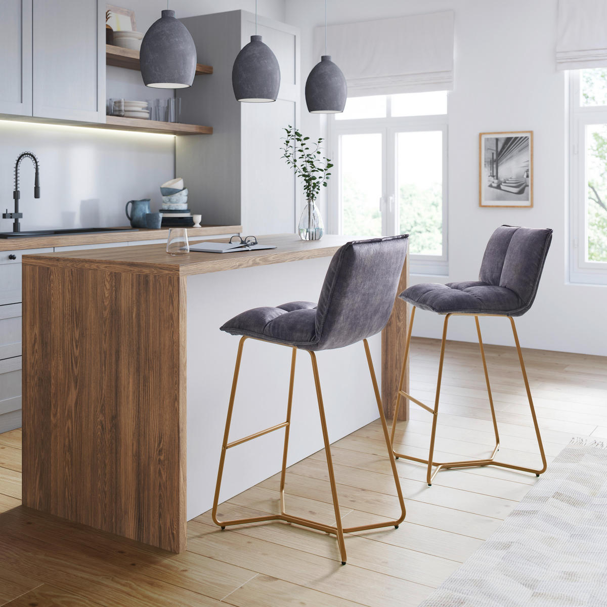 BARHOCKER Fonia Dunkelgrau Samt Gepolstert - Dunkelgrau, Holz (46/103.5/57cm) - Bessagi Home